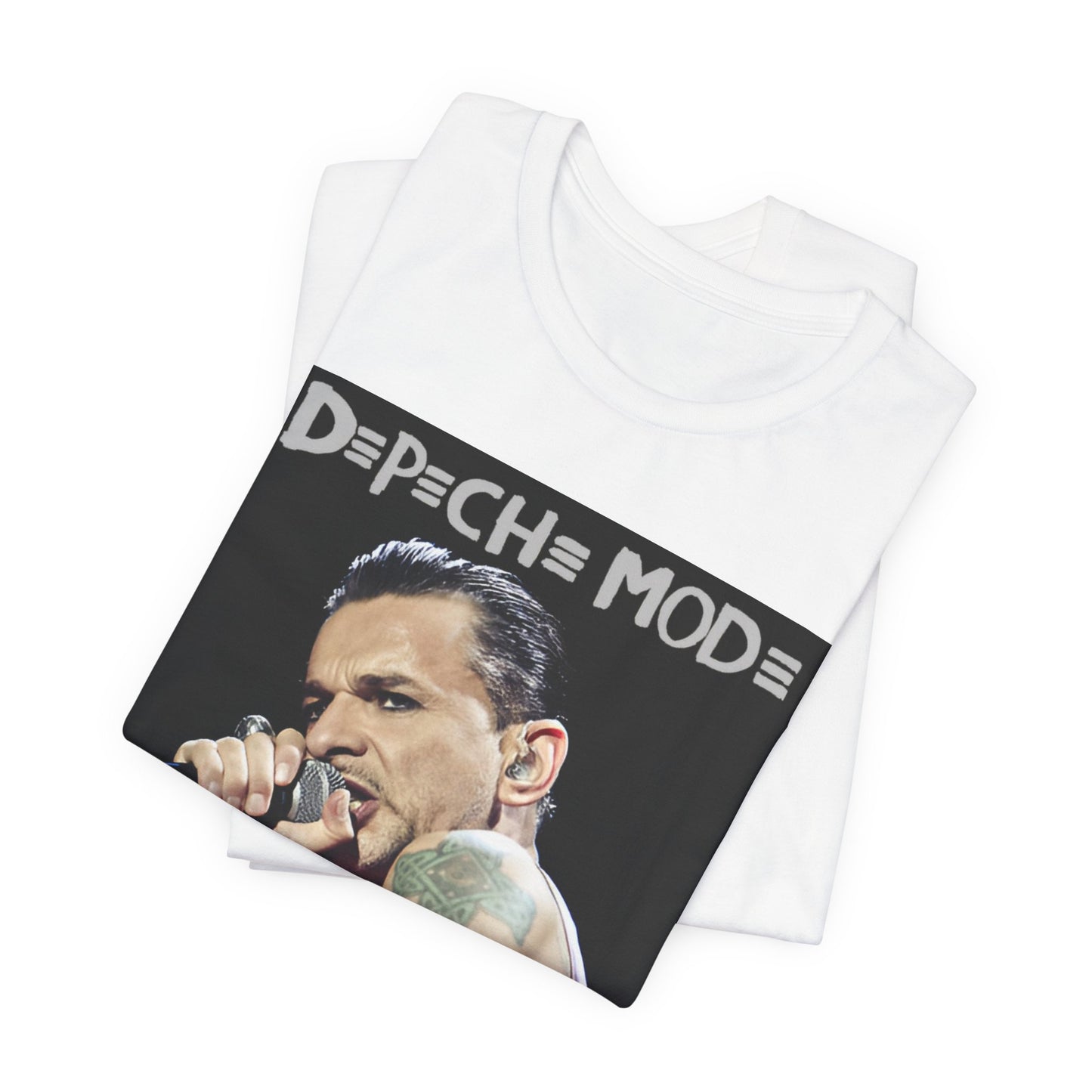 A black graphic t-shirt featuring a graphic of Dave Gahan from Depeche Mode, emphasizing his dynamic stage presence.
