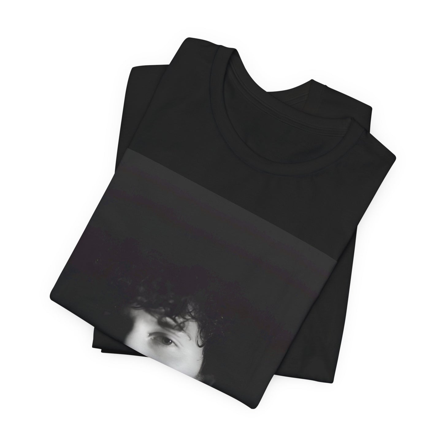 A black graphic t-shirt featuring a black and white portrait photo of Shawn Mendes.