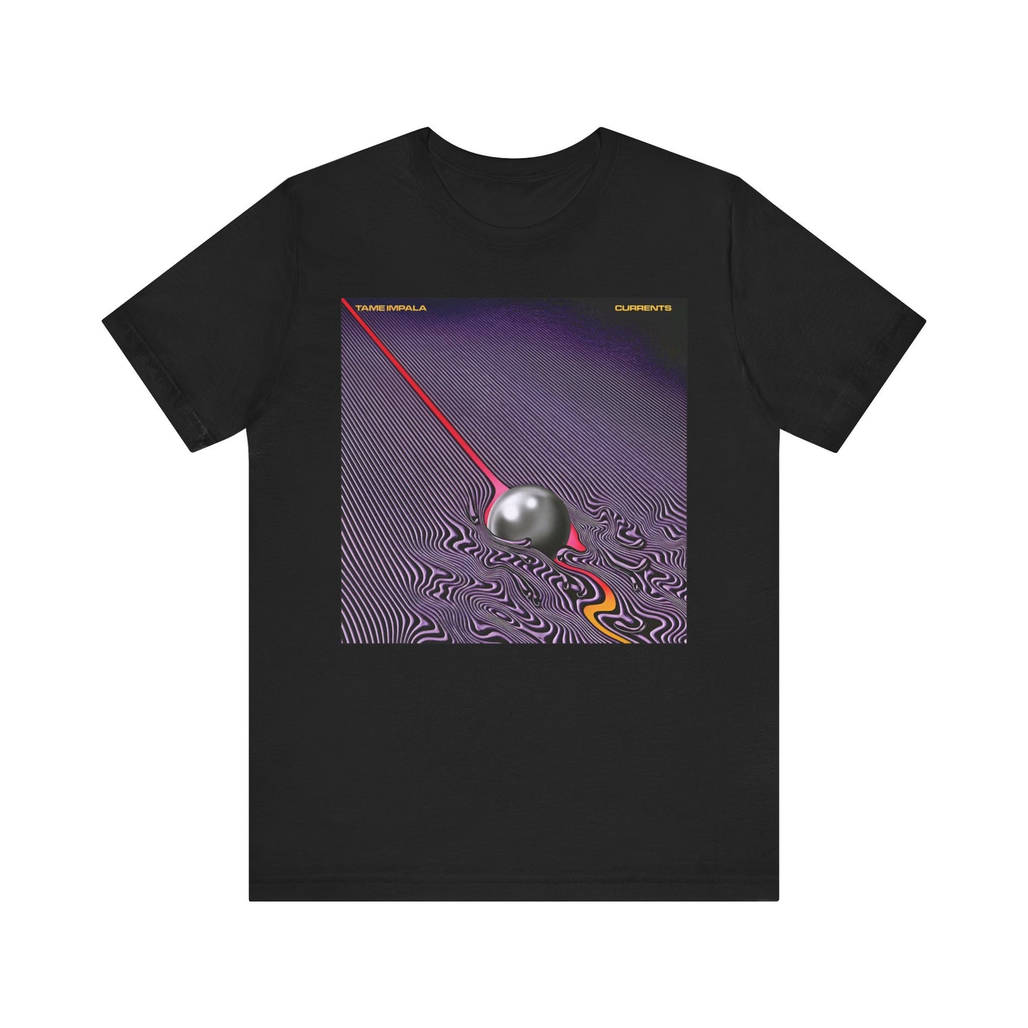 A black graphic t-shirt featuring a graphic related to Tame Impala's 'Currents' album.