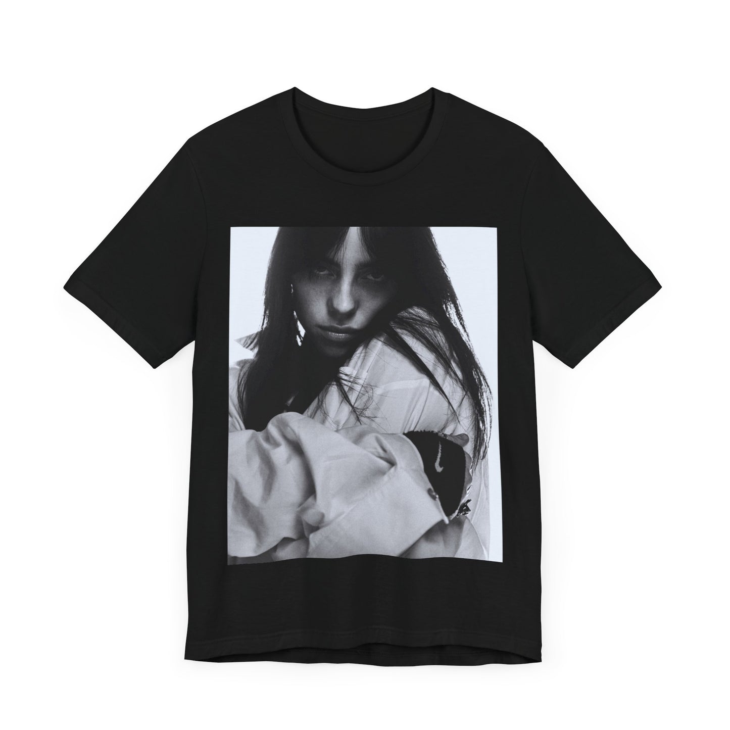 Billie Eilish posing in her signature oversized designer streetwear, printed on a graphic t-shirt.