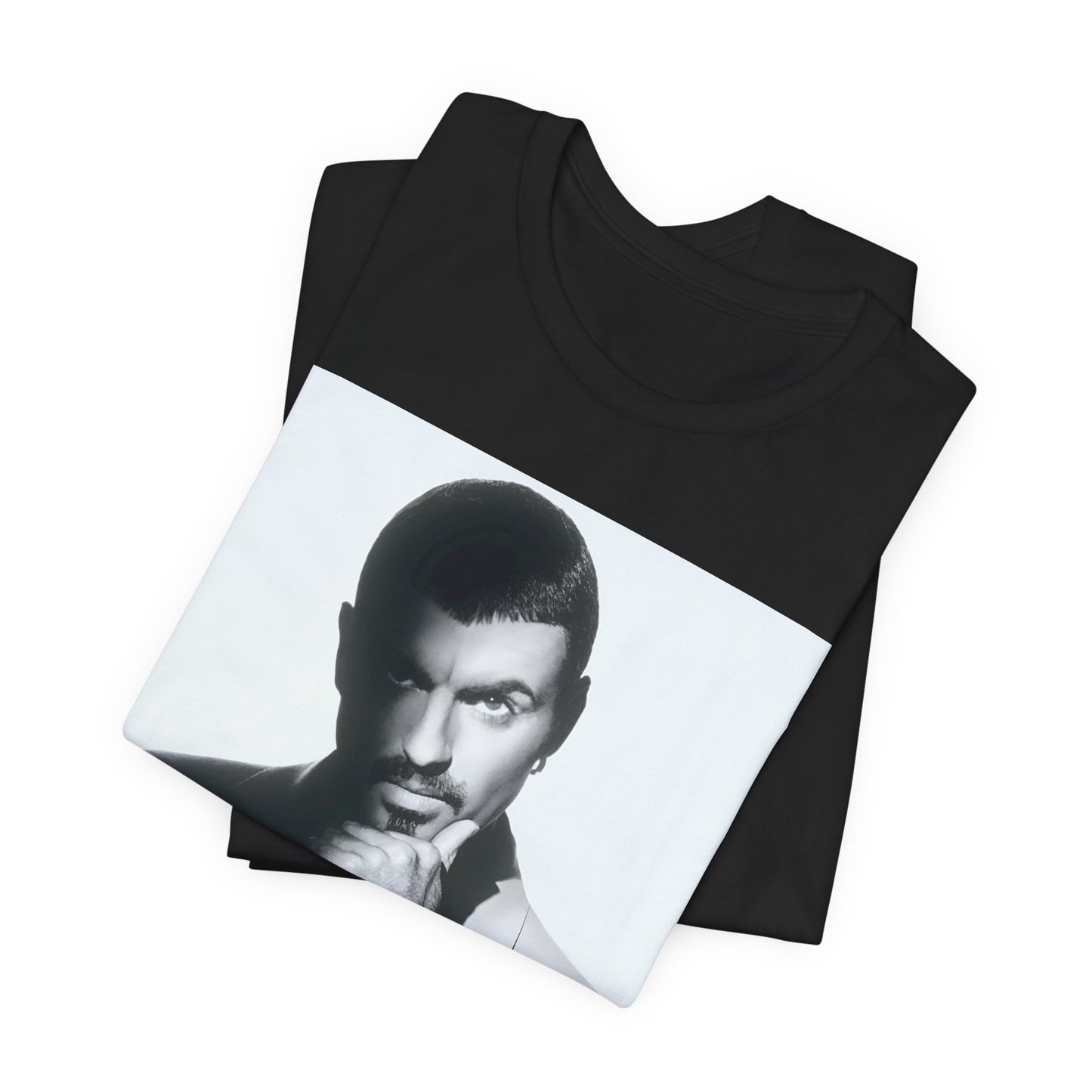 A black graphic t-shirt featuring a 90s aesthetic graphic of George Michael.