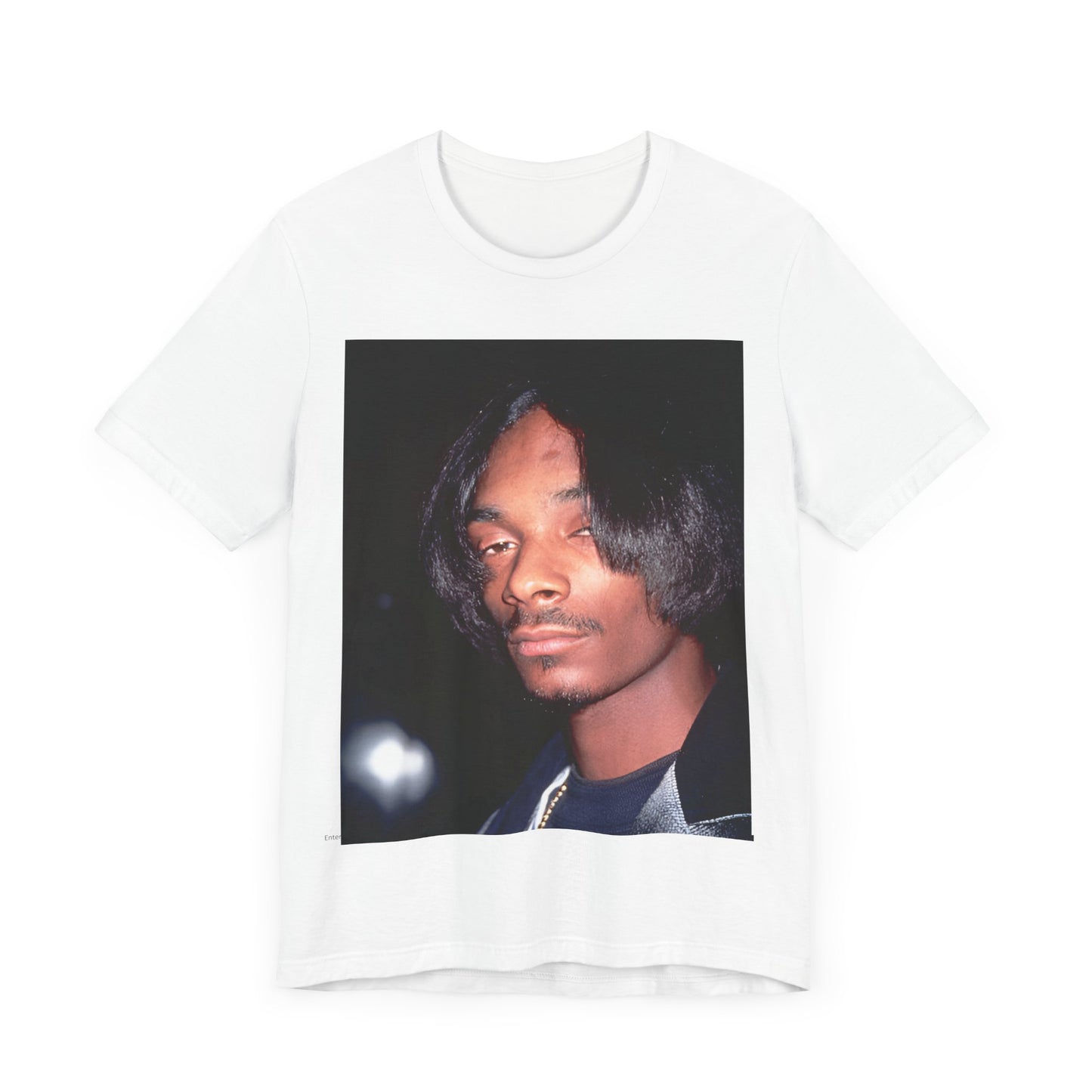 A black graphic t-shirt featuring a 90s black and white graphic of Snoop Dogg as a global icon in rap.