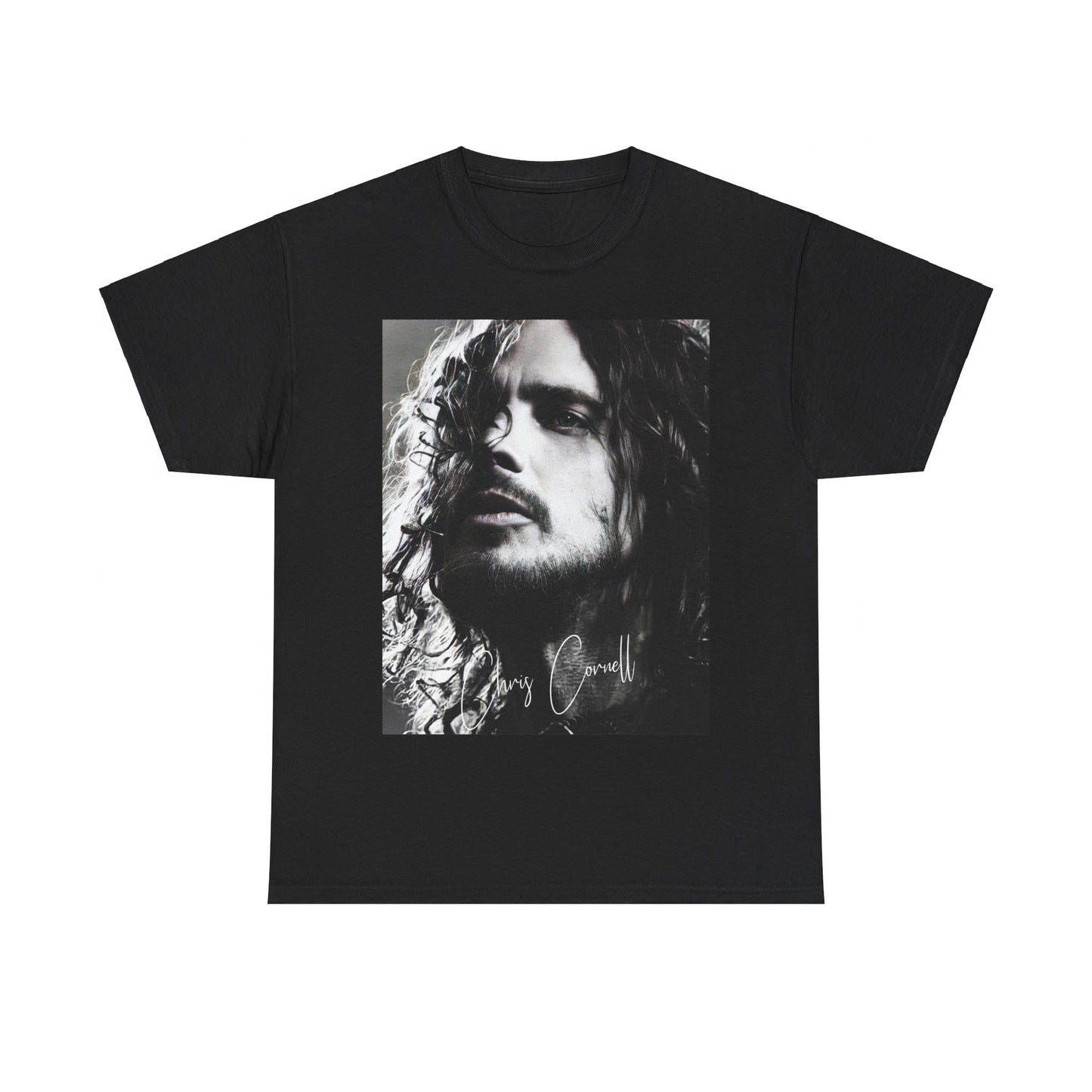 A black graphic t-shirt featuring a 90s black and white retro photo portrait of Chris Cornell.