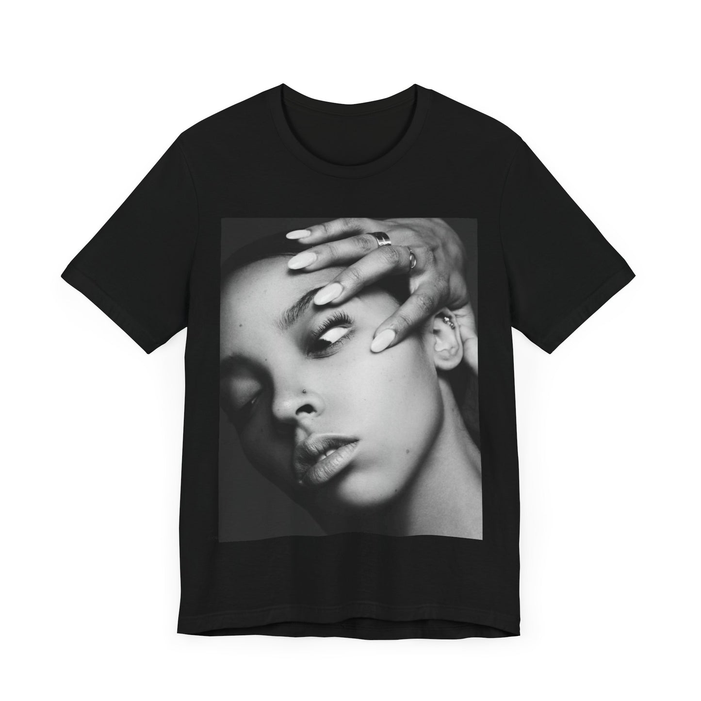 A black graphic t-shirt featuring a black and white, monochrome graphic or photo of Tinashe.