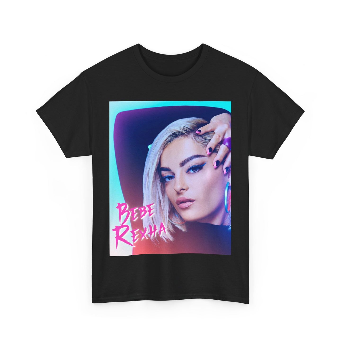A black graphic t-shirt featuring a stylized graphic of Bebe Rexha, emphasizing her pop star persona.