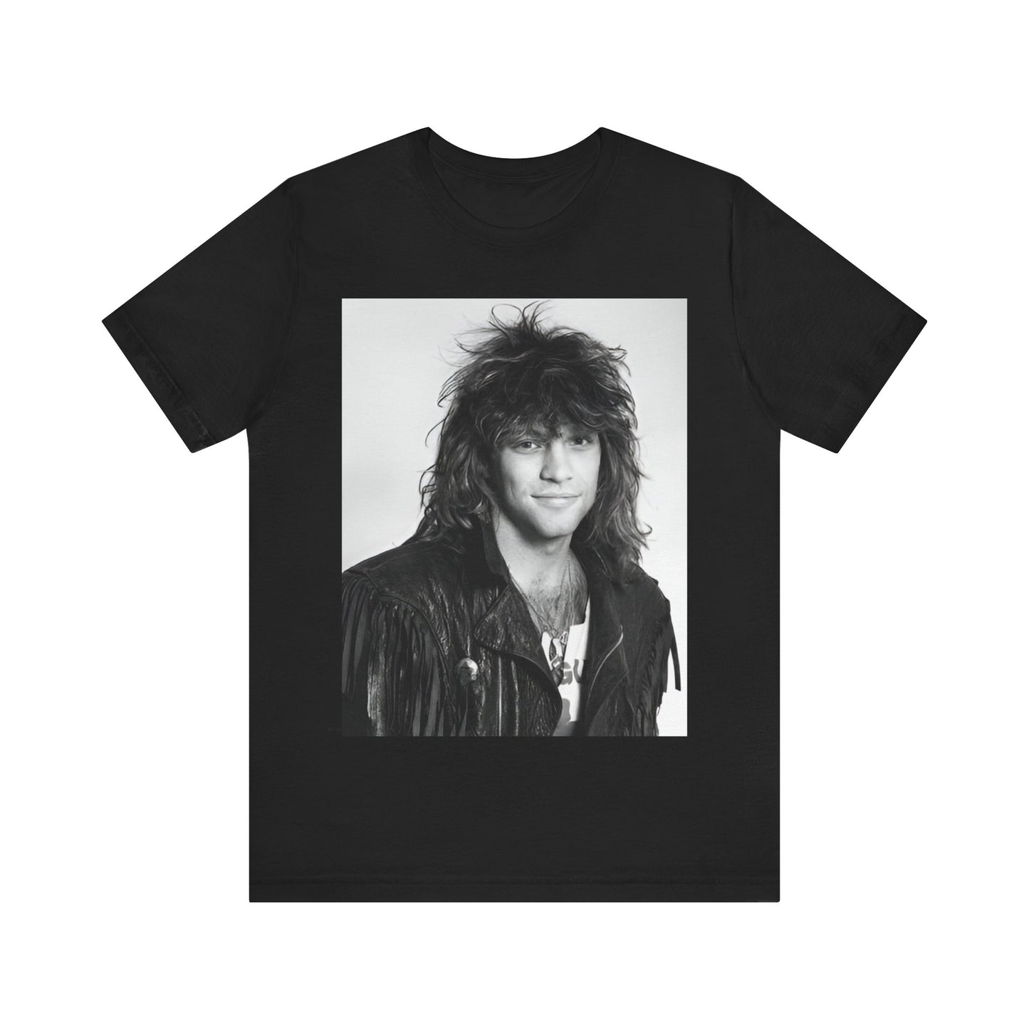 A black graphic t-shirt featuring a black and white photo of Bon Jovi from a 90s tour, performing on stage.