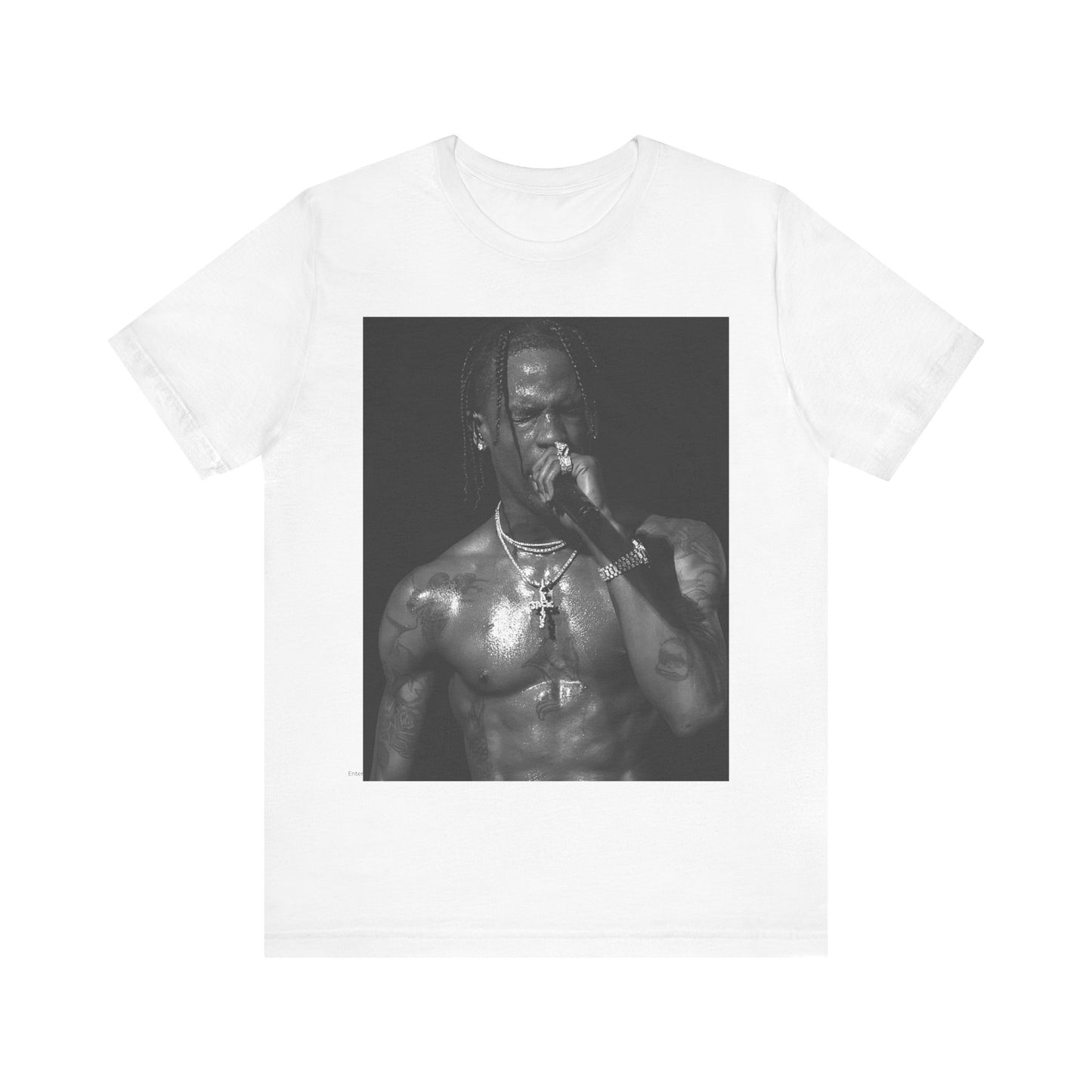 A black graphic t-shirt featuring an underground hip hop graphic of Travis Scott.
