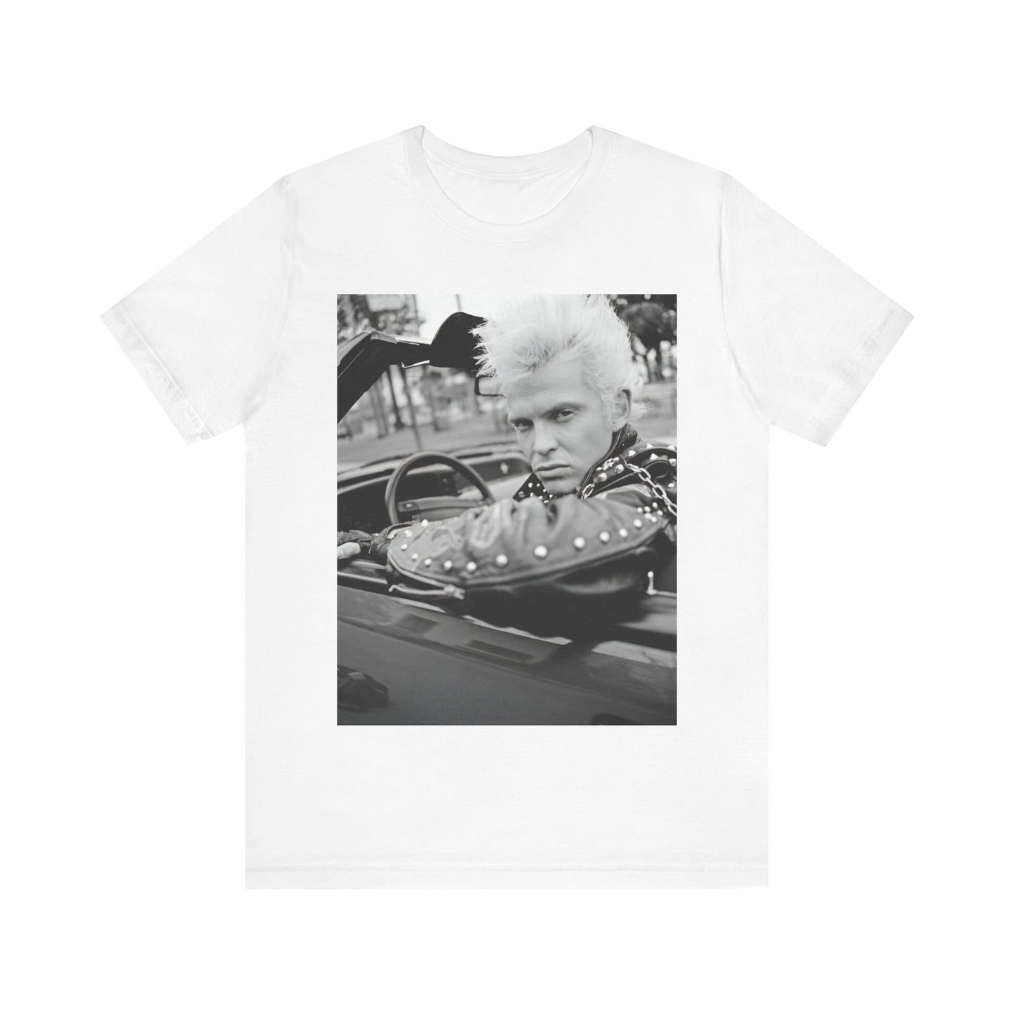A black graphic t-shirt featuring a graphic of Billy Idol in a classic 80s punk rock pose.