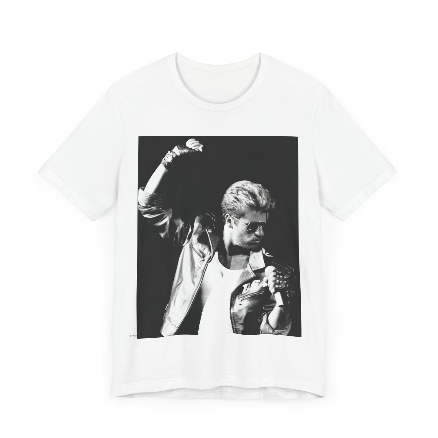 A black graphic t-shirt featuring a black and white photo of George Michael from his 'Faith' album era.