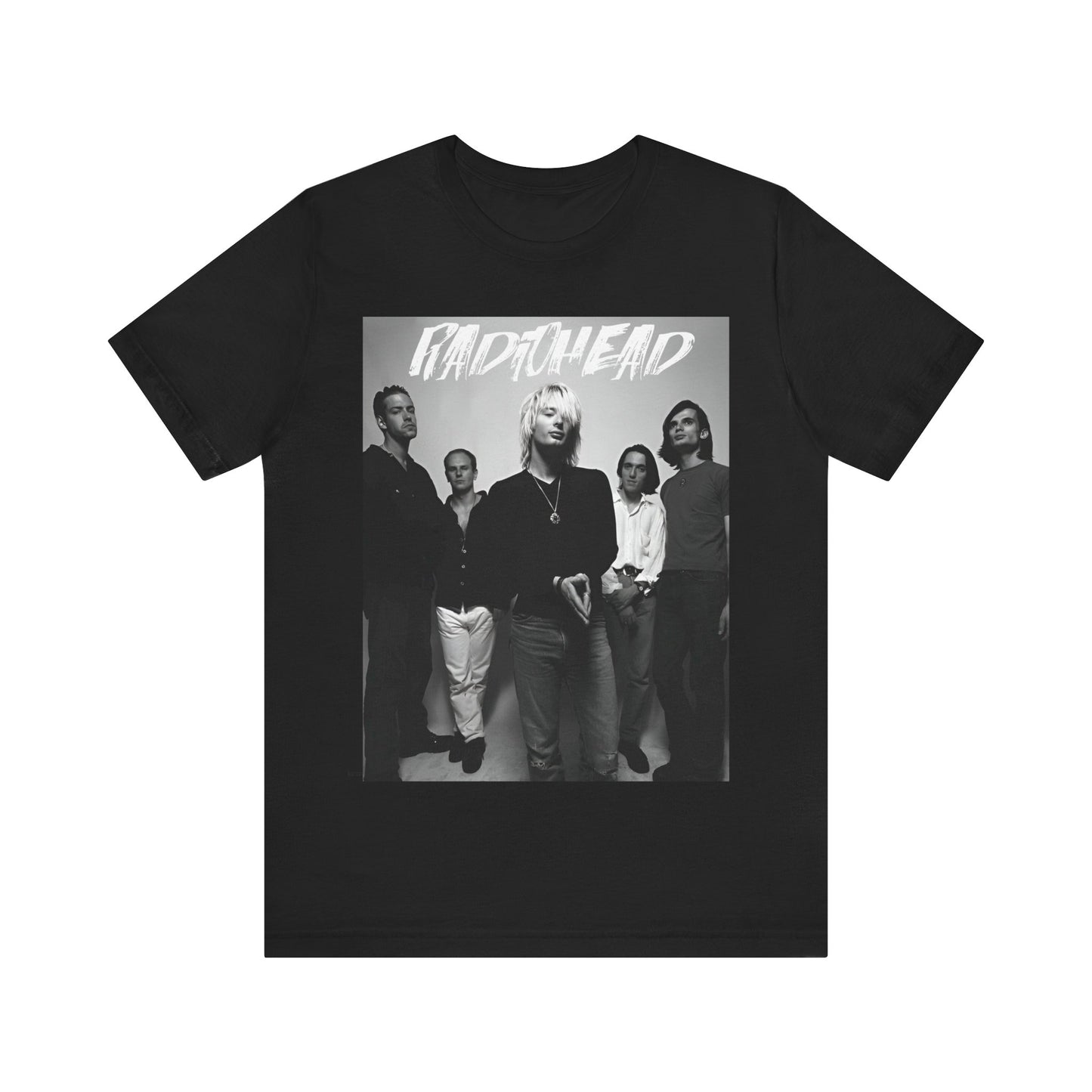A black graphic t-shirt featuring a retro graphic related to Radiohead's 'OK Computer' album era.