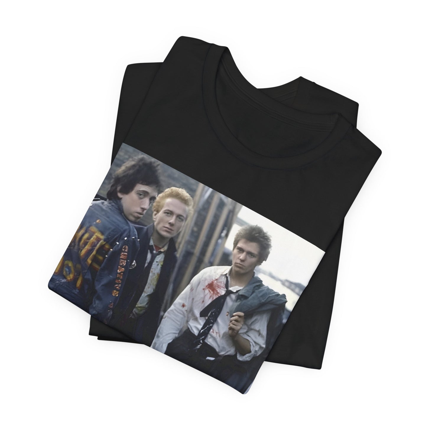 A black graphic t-shirt featuring a graphic of The Clash with a fearless attitude.