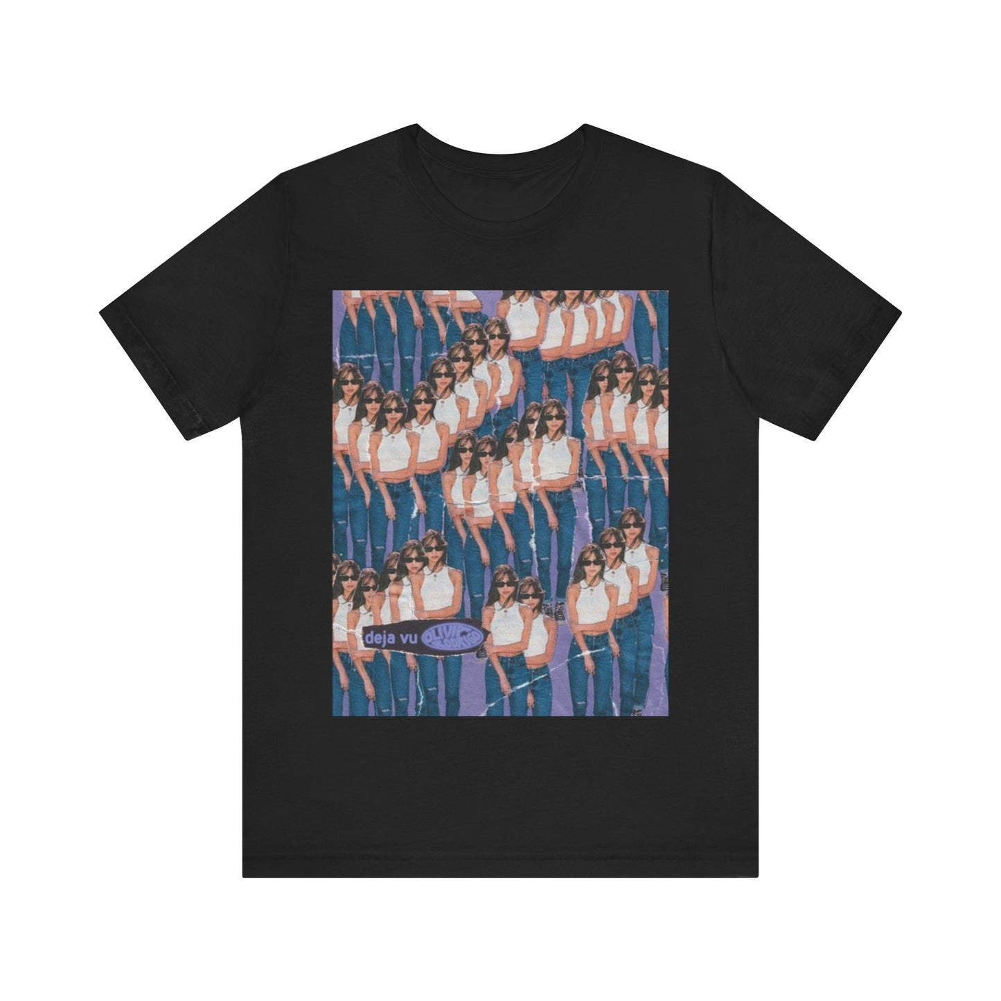 A black graphic t-shirt featuring an aesthetic graphic of Olivia Rodrigo.