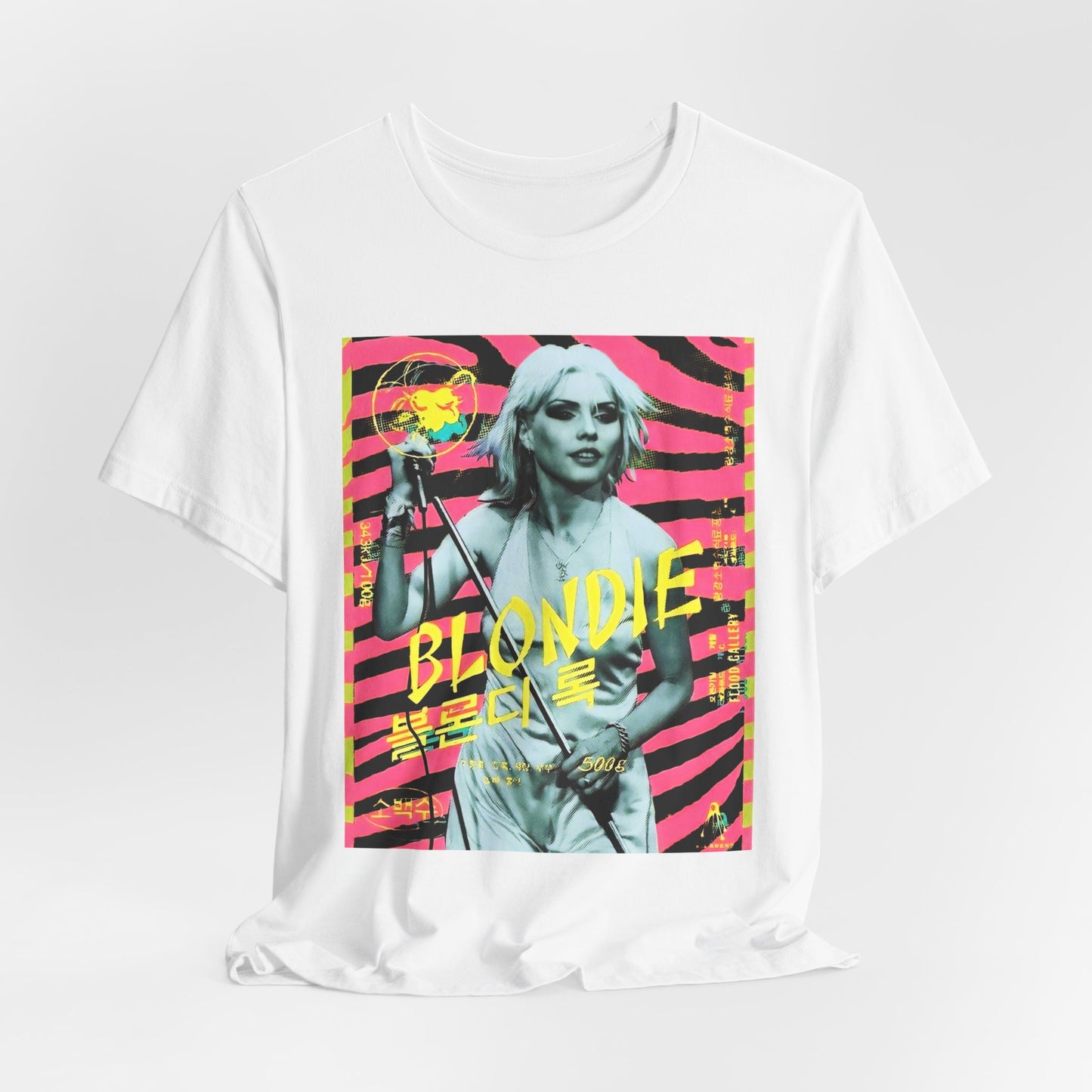 A black graphic t-shirt featuring a retro 70s pop art style graphic of Blondie.