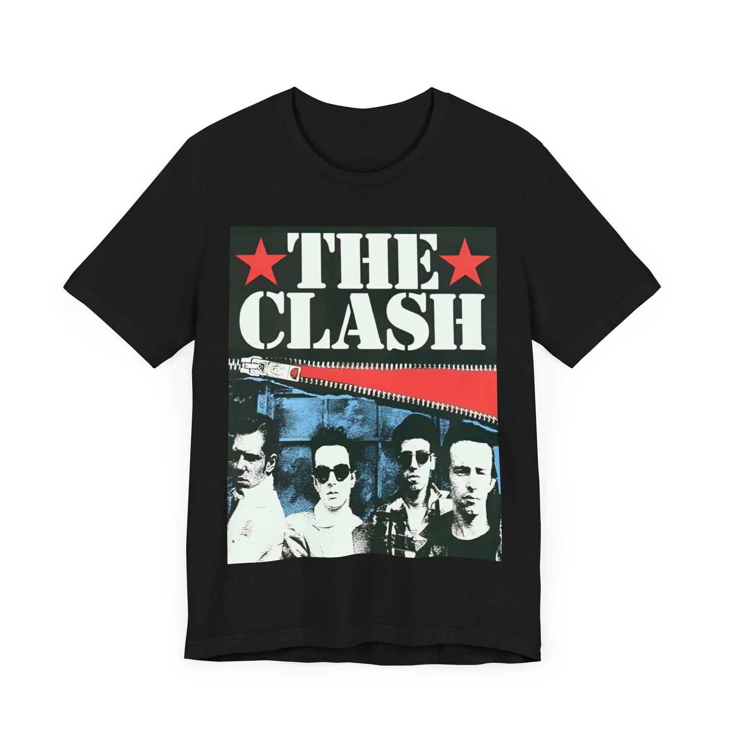 A black graphic t-shirt featuring a casual punk fan graphic of The Clash.