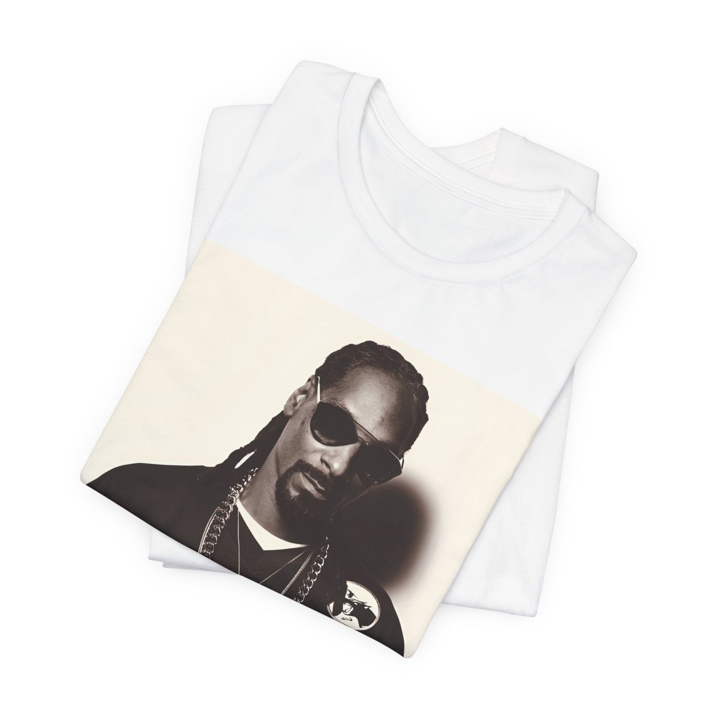 A black graphic t-shirt featuring a black and white, monochrome graphic or photo of Snoop Dogg in an OG style.
