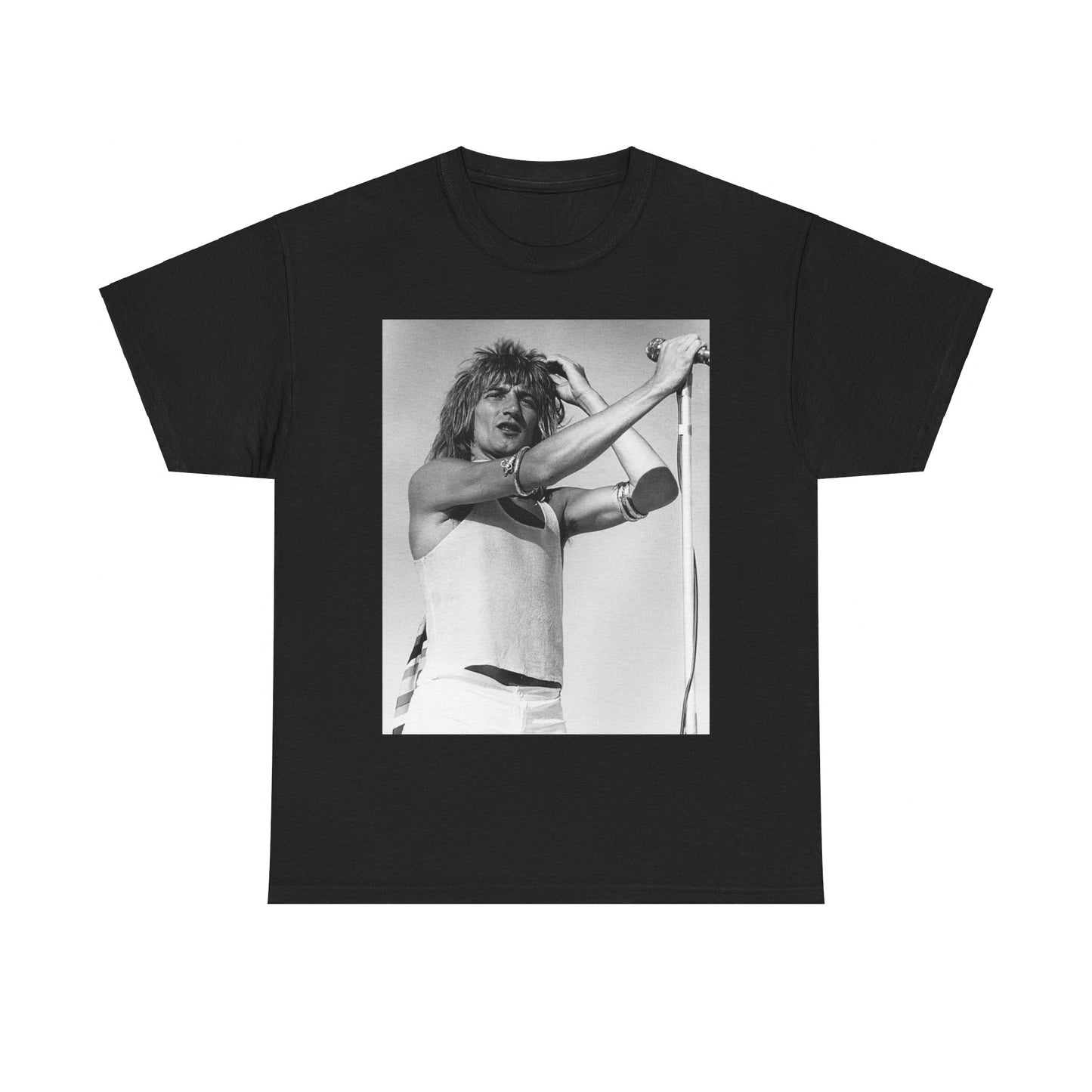 A black graphic t-shirt featuring a vintage black and white graphic or photo of Rod Stewart on tour.
