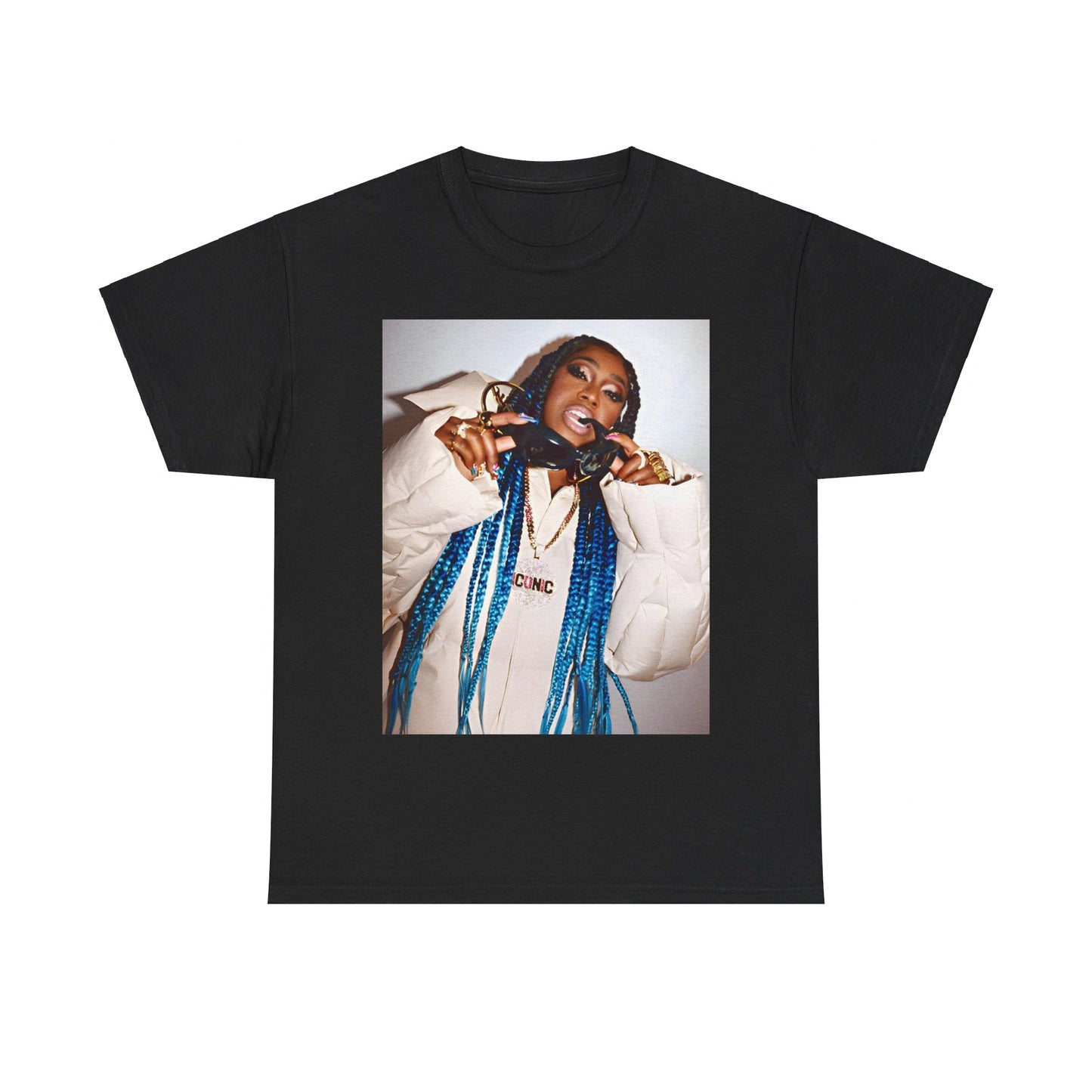 A black graphic t-shirt featuring a retro graphic related to Missy Elliott's 'Supa Dupa Fly' album era.