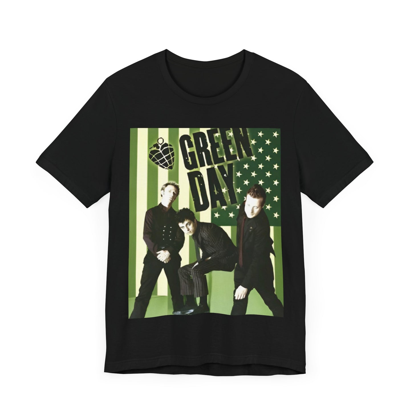 A black graphic t-shirt featuring a graphic related to Green Day's 'American Idiot' album era.