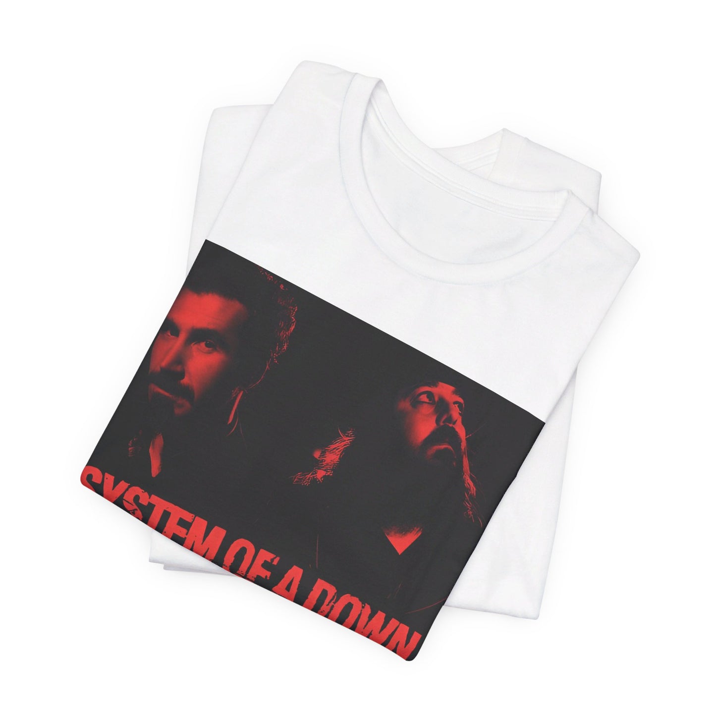 A black graphic t-shirt featuring a modern metal essential graphic of System of a Down.