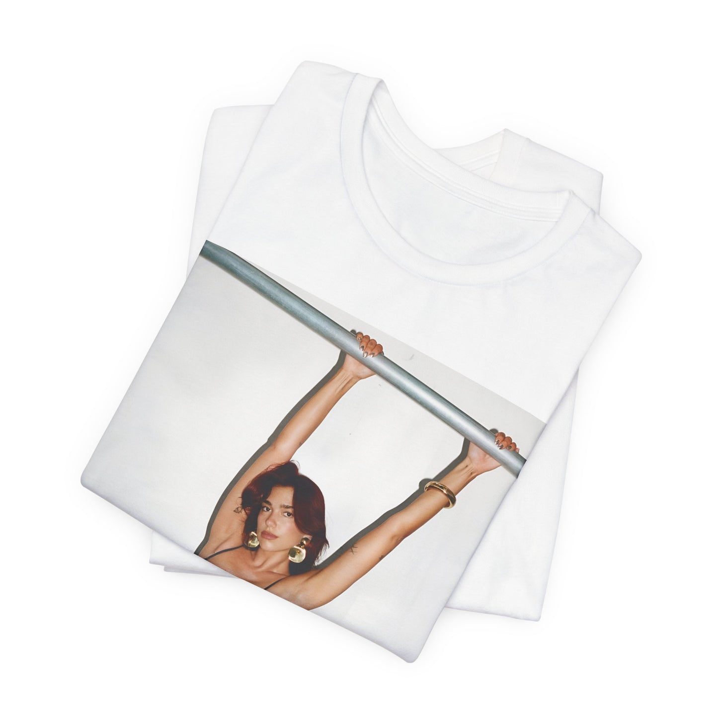 A black graphic t-shirt featuring a graphic related to Dua Lipa's "Levitating" song or era.