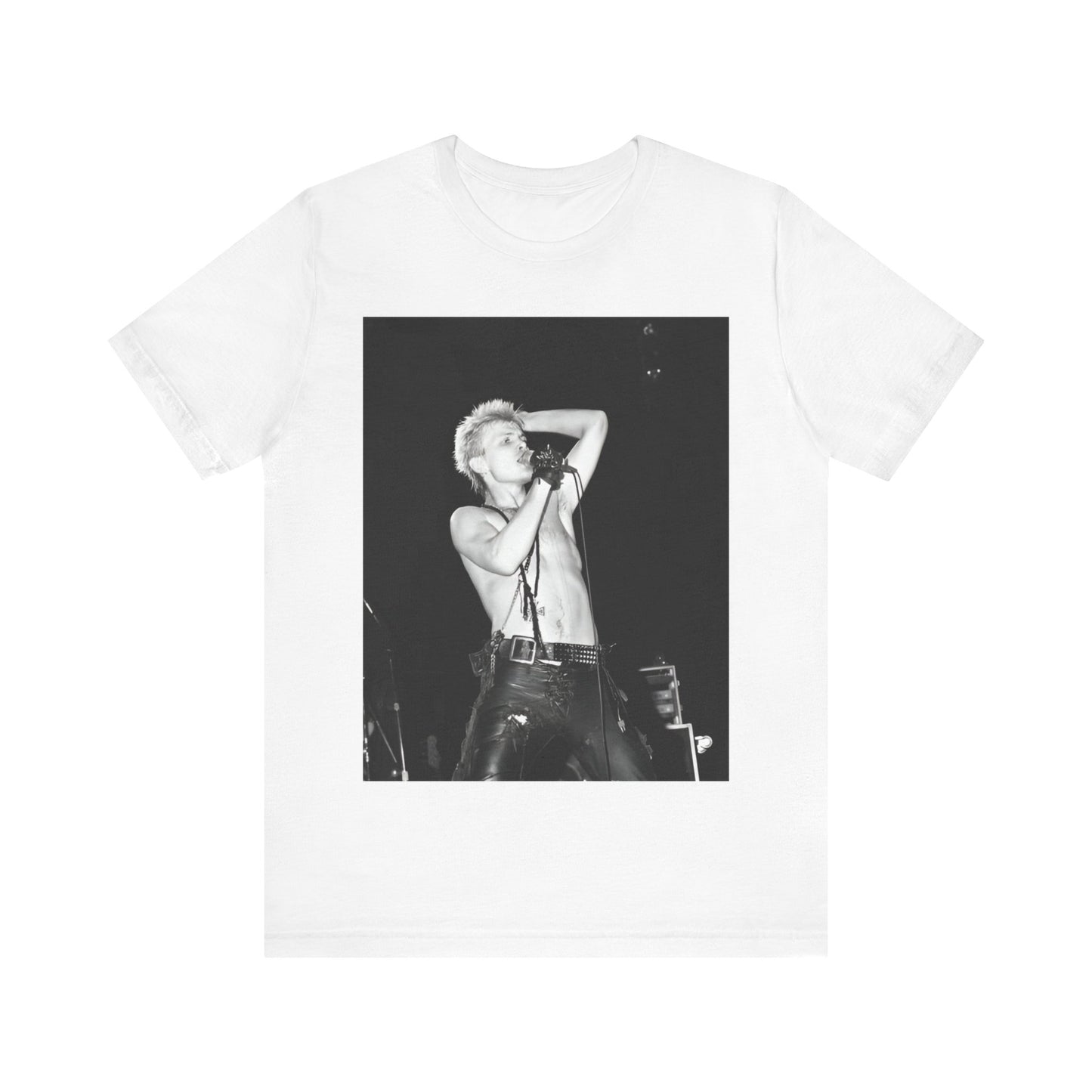 A black graphic t-shirt featuring a graphic related to Billy Idol's 'White Wedding' era, with a distinctive aesthetic.