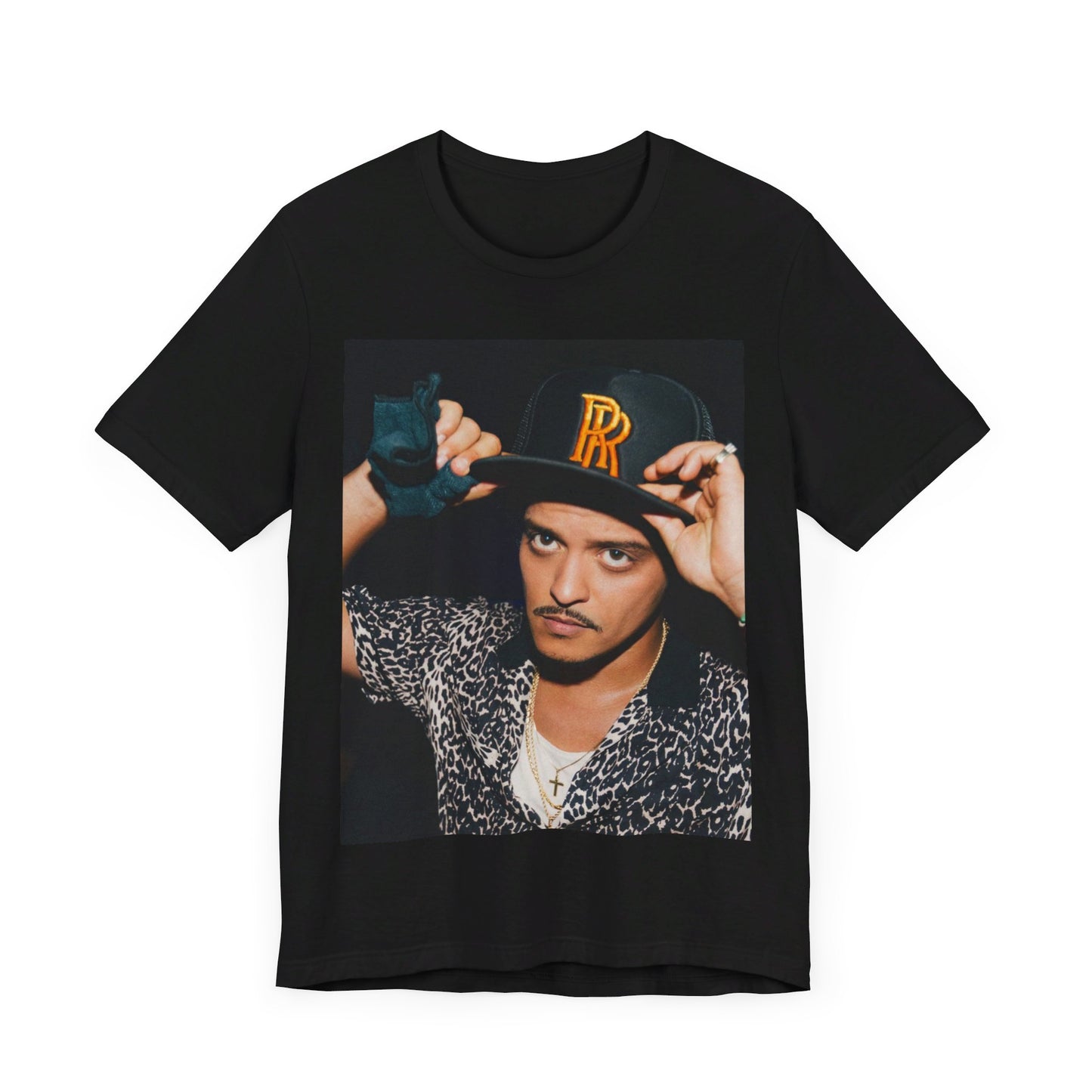 A black graphic t-shirt featuring a vintage photo of Bruno Mars wearing a hat or cap with 'RR' initials.