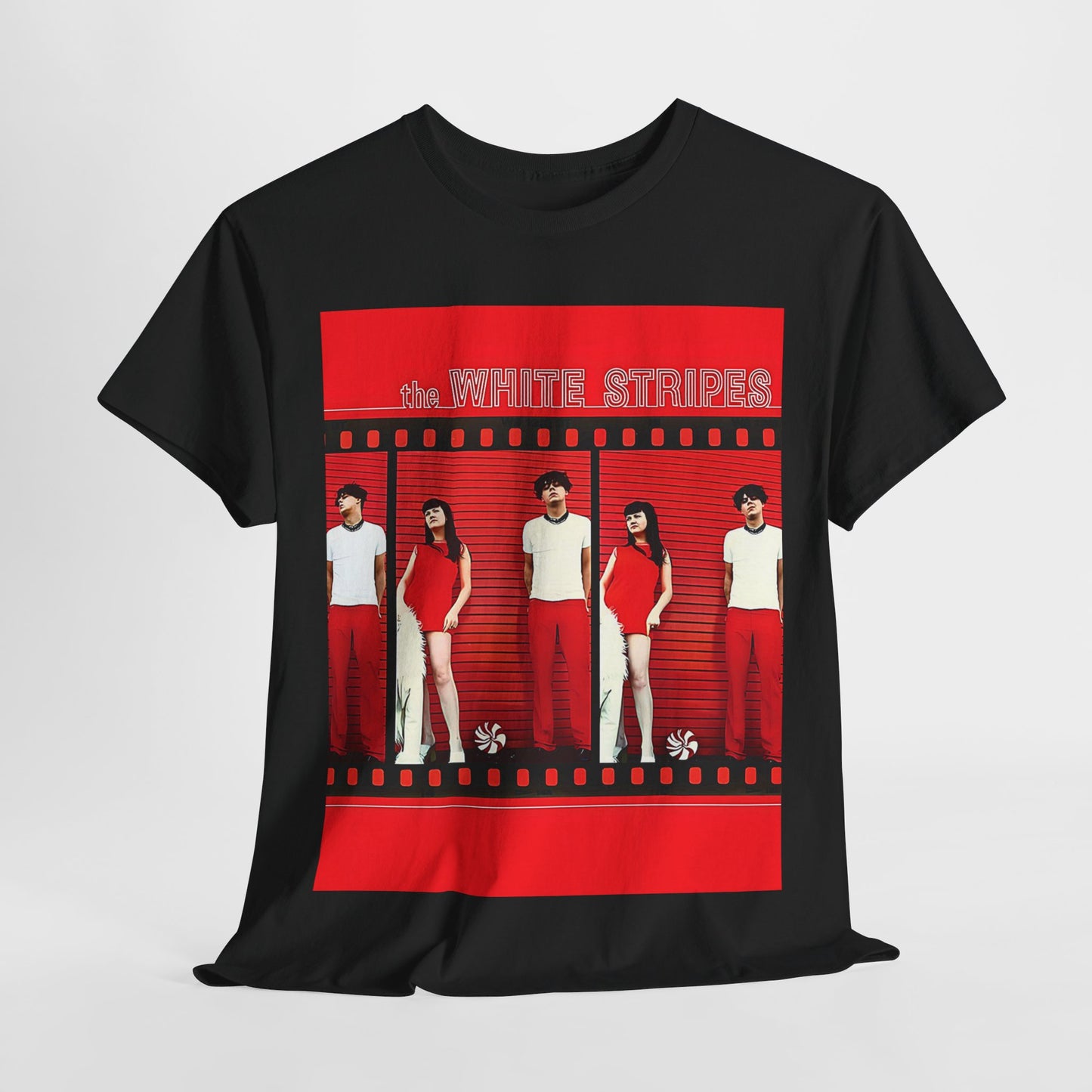 A black graphic t-shirt featuring an authentic blues rock duo graphic of The White Stripes.