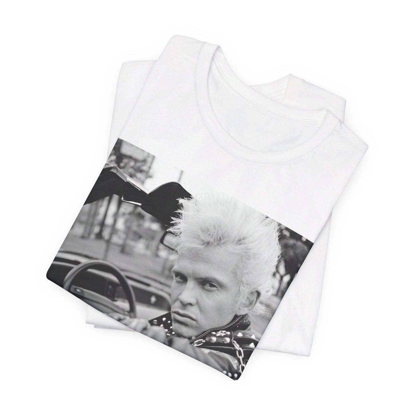 A black graphic t-shirt featuring a graphic of Billy Idol in a classic 80s punk rock pose.