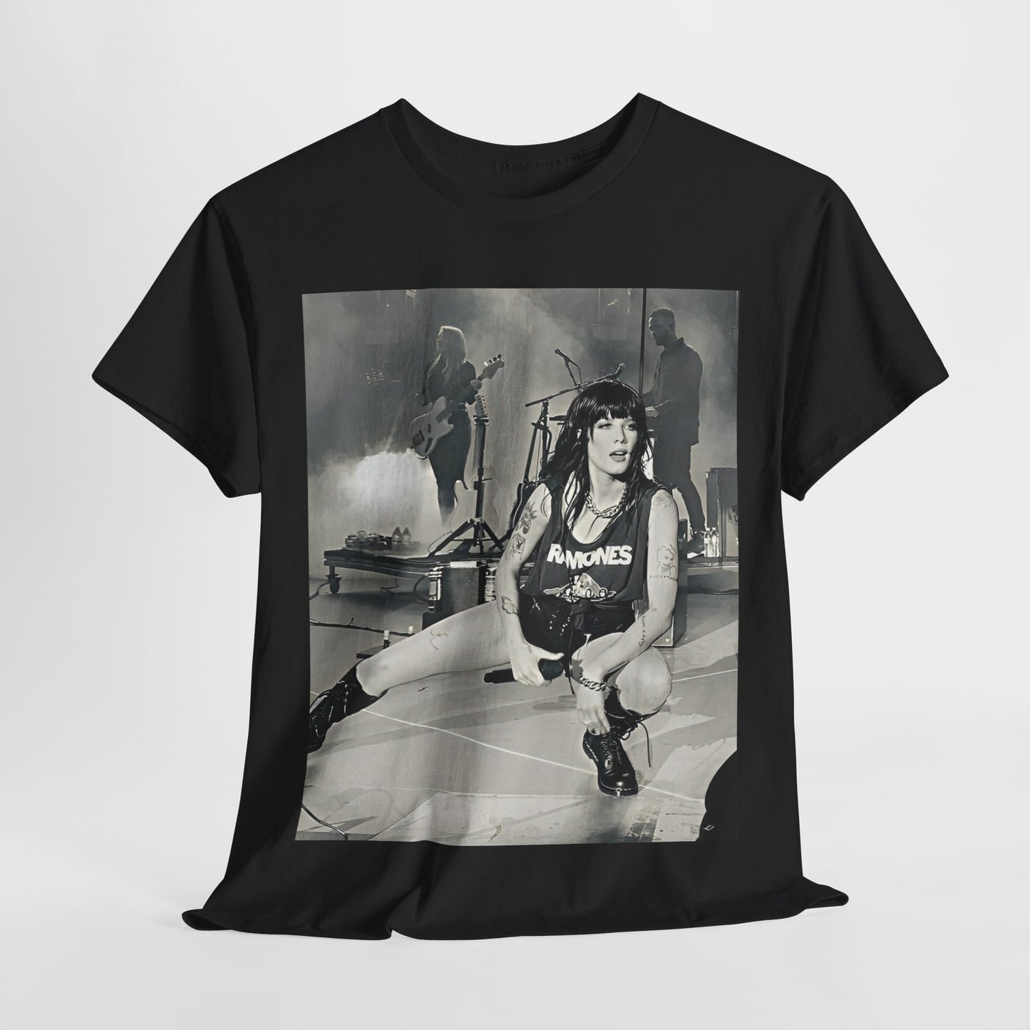 A black graphic t-shirt featuring a black and white graphic or photo of Halsey performing live in concert.