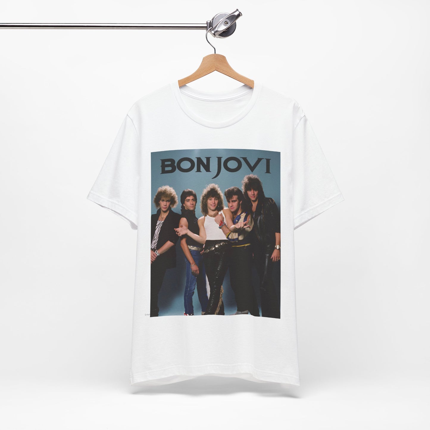 A black graphic t-shirt featuring a retro graphic inspired by Bon Jovi's 'Slippery When Wet' album art.