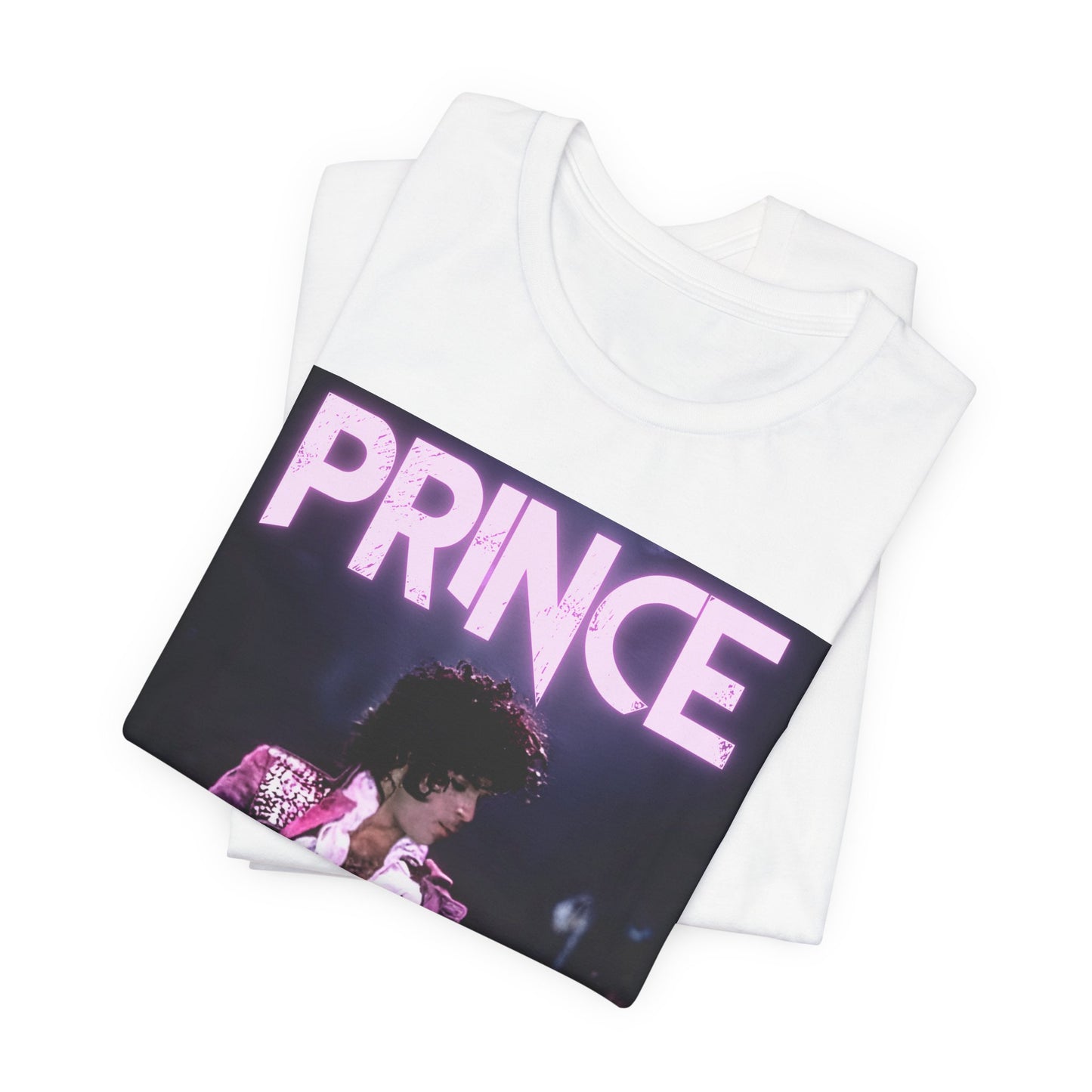 A black graphic t-shirt featuring an 80s pop genius graphic of Prince.