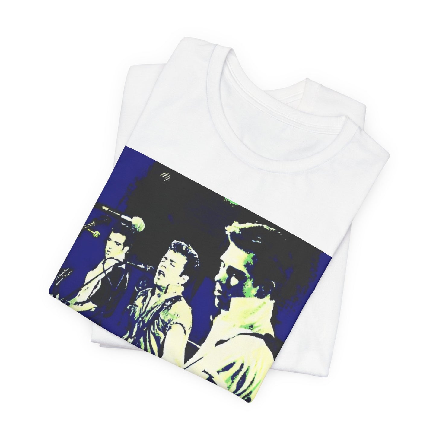 A black graphic t-shirt featuring a 70s aesthetic punk rock graphic of The Clash.