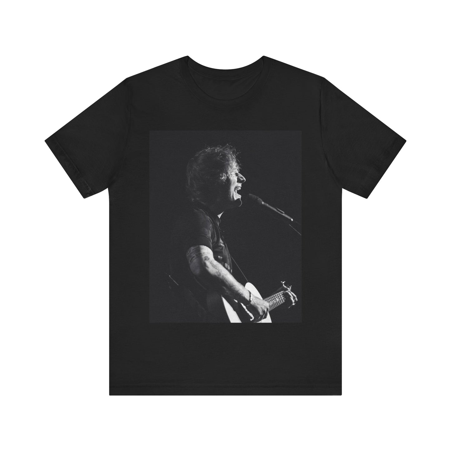 A black graphic t-shirt featuring a graphic related to Ed Sheeran's stadium tour.