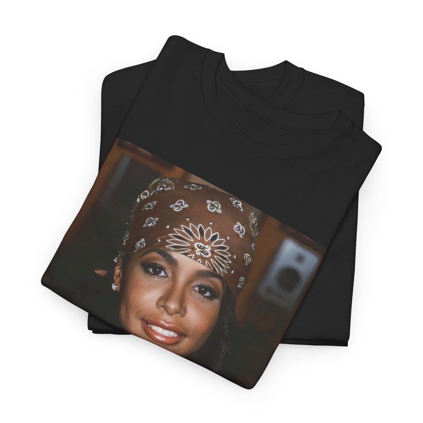A black graphic t-shirt featuring a graphic of Aaliyah as the queen of modern R&B.