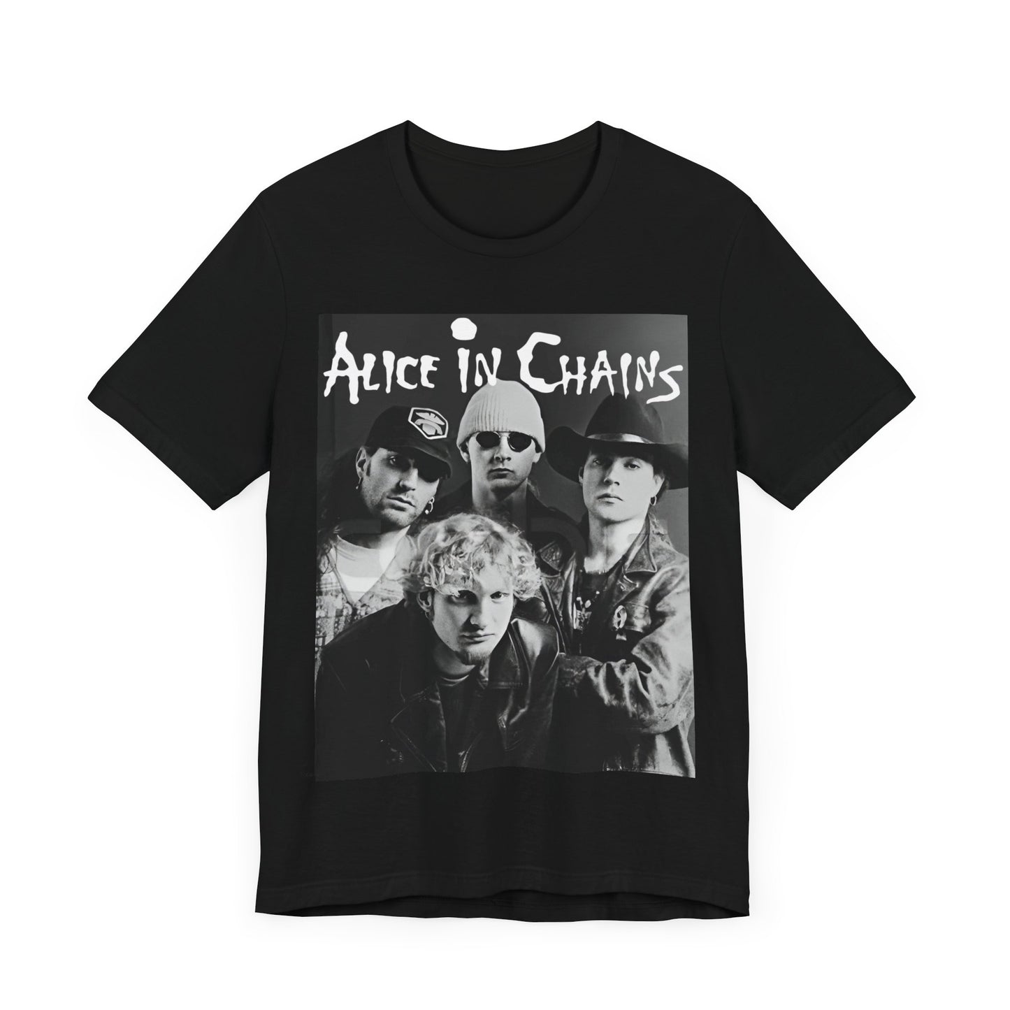 A black graphic t-shirt featuring a black and white photographic portrait of the band Alice In Chains, capturing their iconic grunge look.