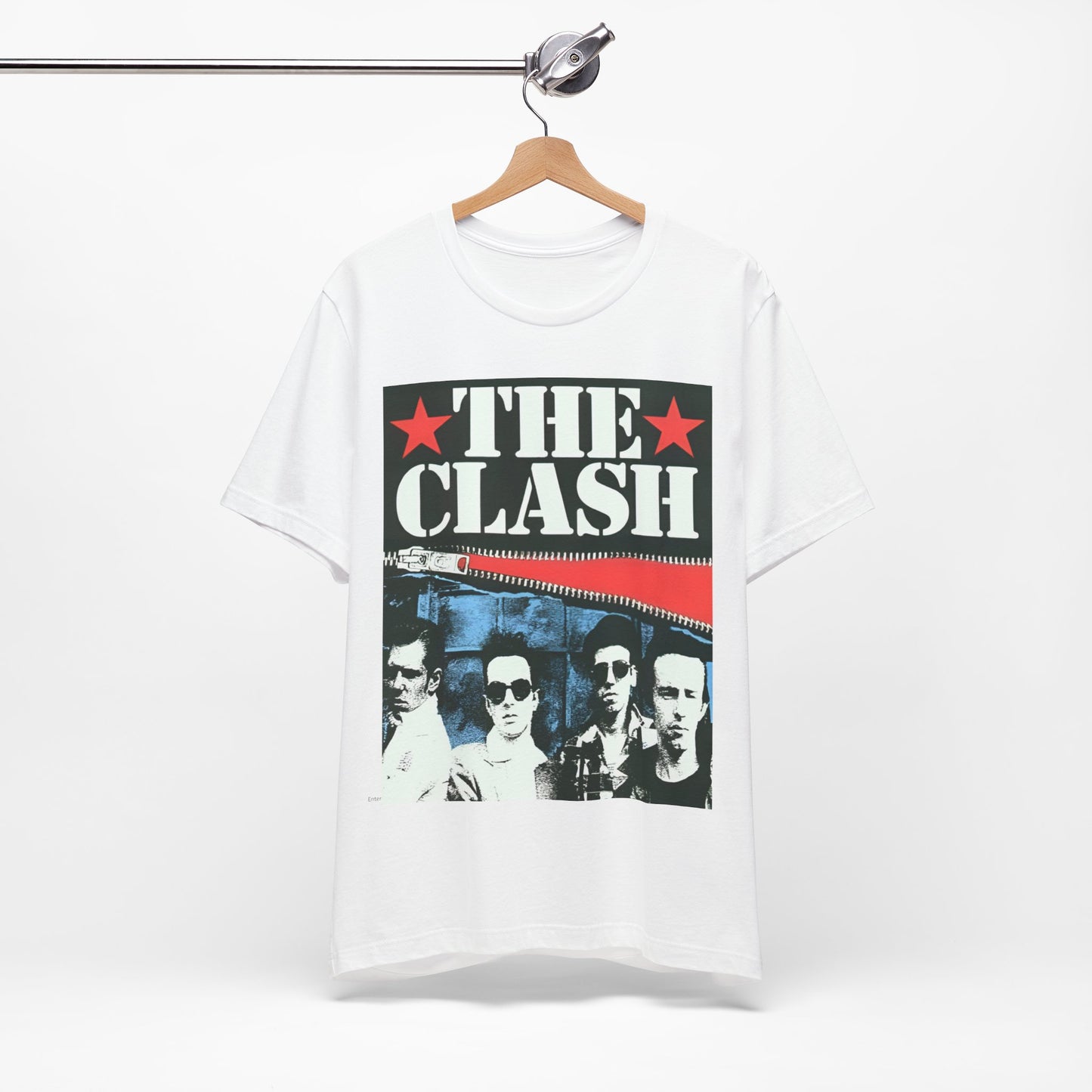 A black graphic t-shirt featuring a casual punk fan graphic of The Clash.