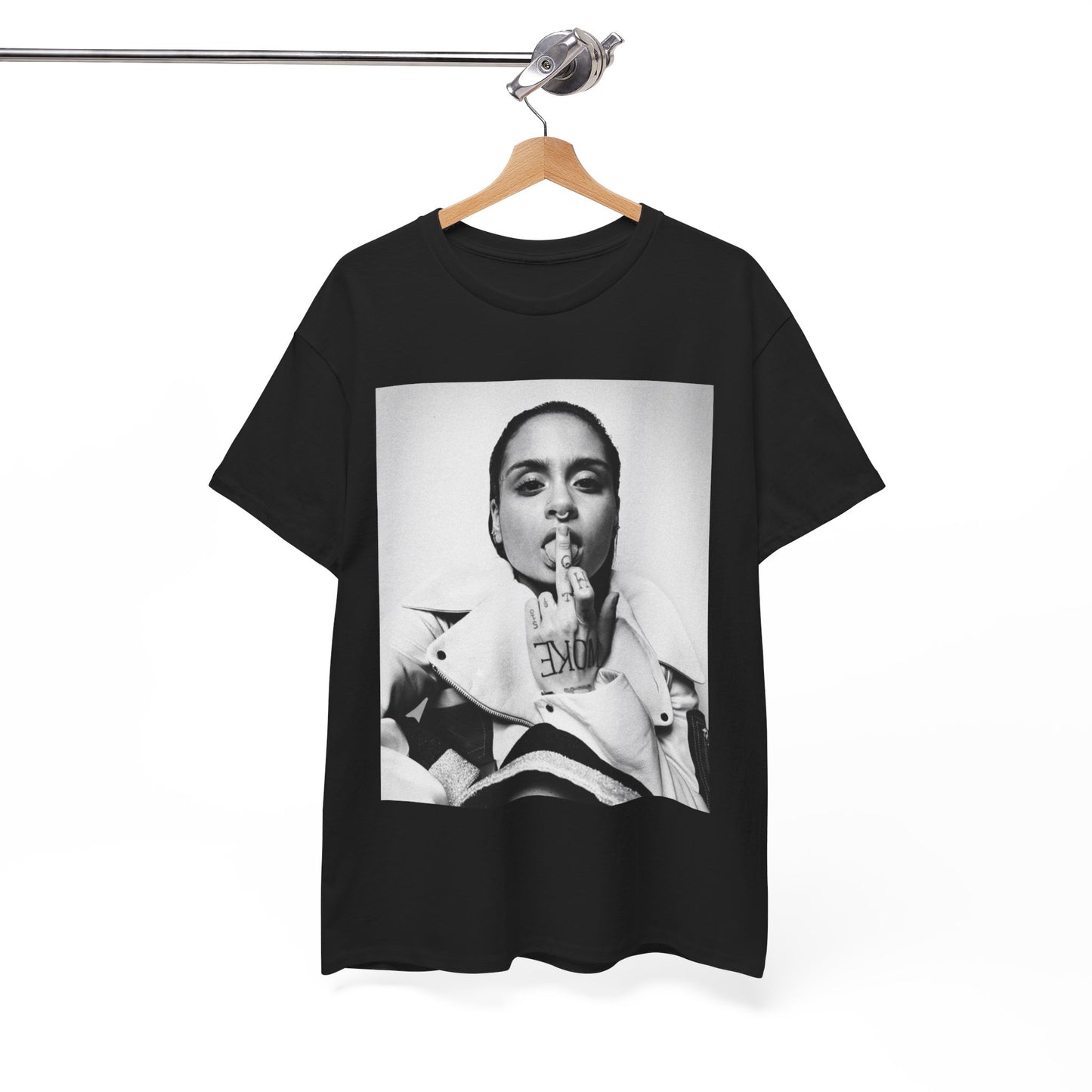 A black graphic t-shirt featuring a soulful indie pop graphic of Kehlani.