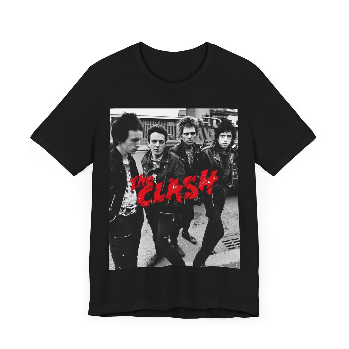 A black graphic t-shirt featuring a graphic of The Clash as punk rock pioneers.
