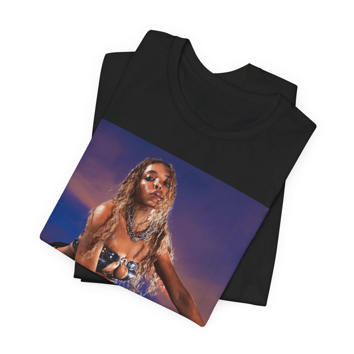 A black graphic t-shirt featuring a vintage graphic related to Tinashe's 'Nasty' era.