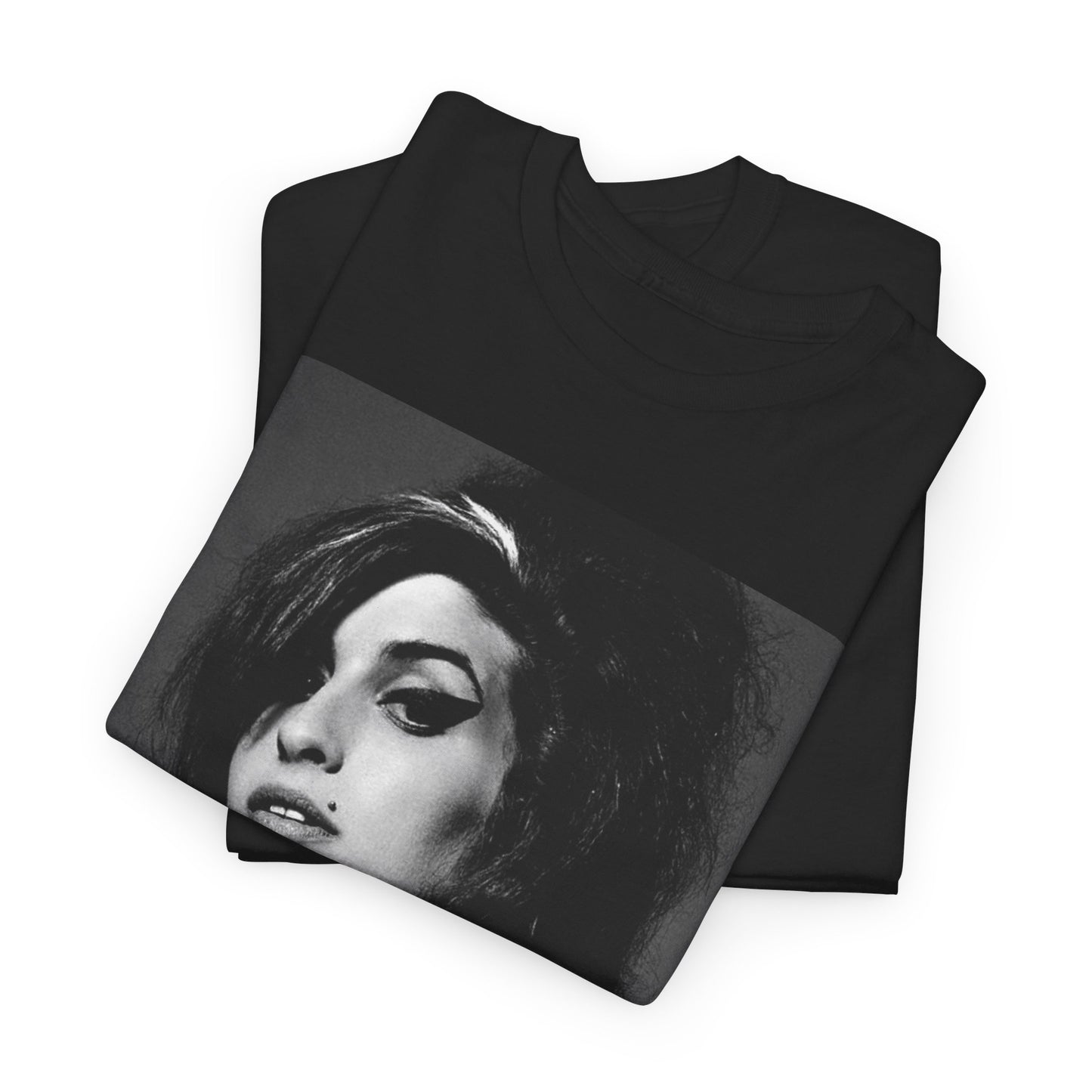 A black graphic t-shirt featuring a black and white portrait photo of Amy Winehouse from 2006, showing her with her signature beehive.