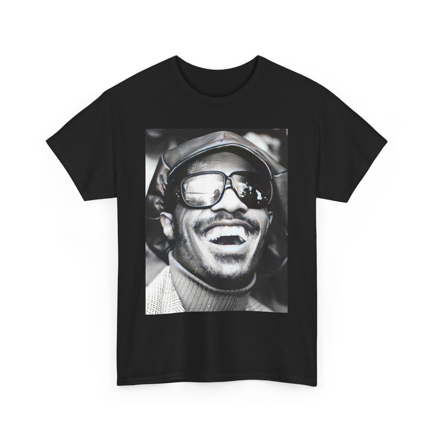 A black graphic t-shirt featuring a black and white portrait photo of Stevie Wonder.