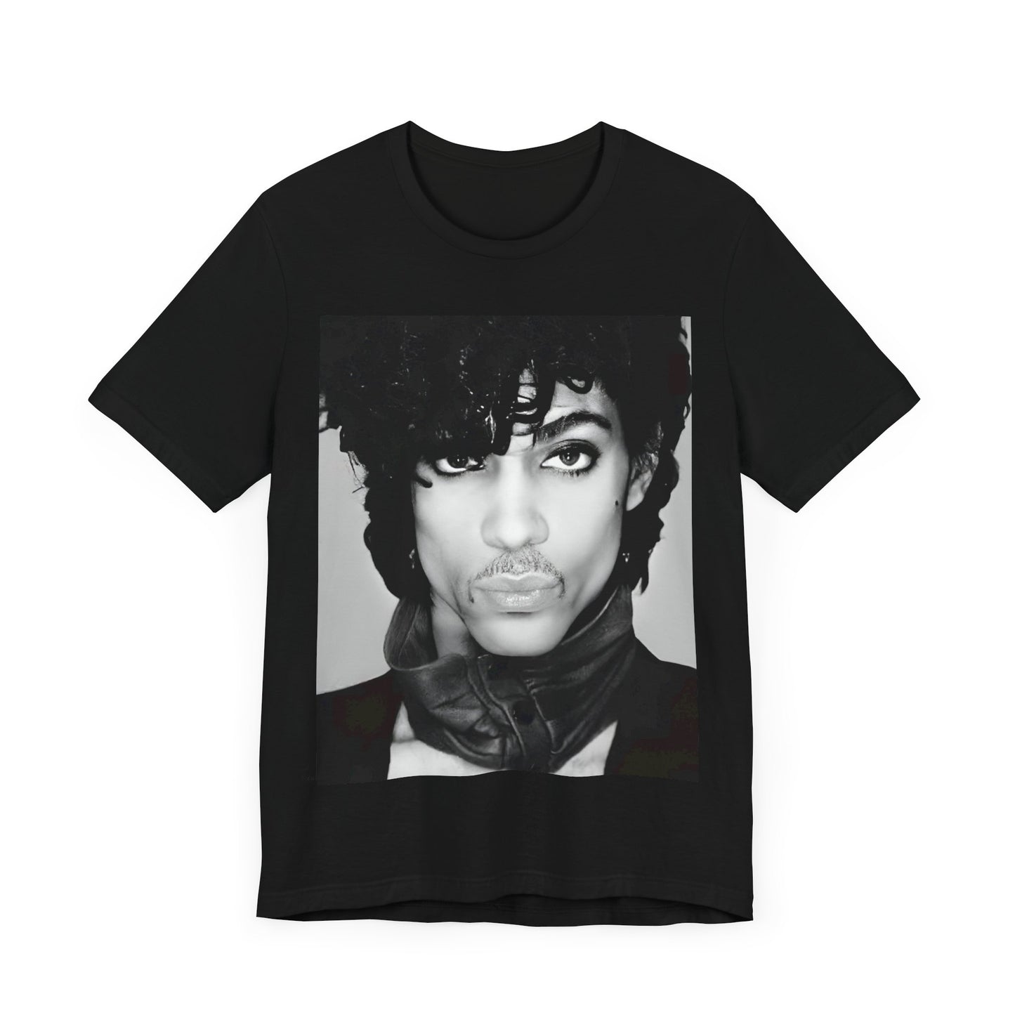 A black graphic t-shirt featuring a black and white photo portrait of Prince.