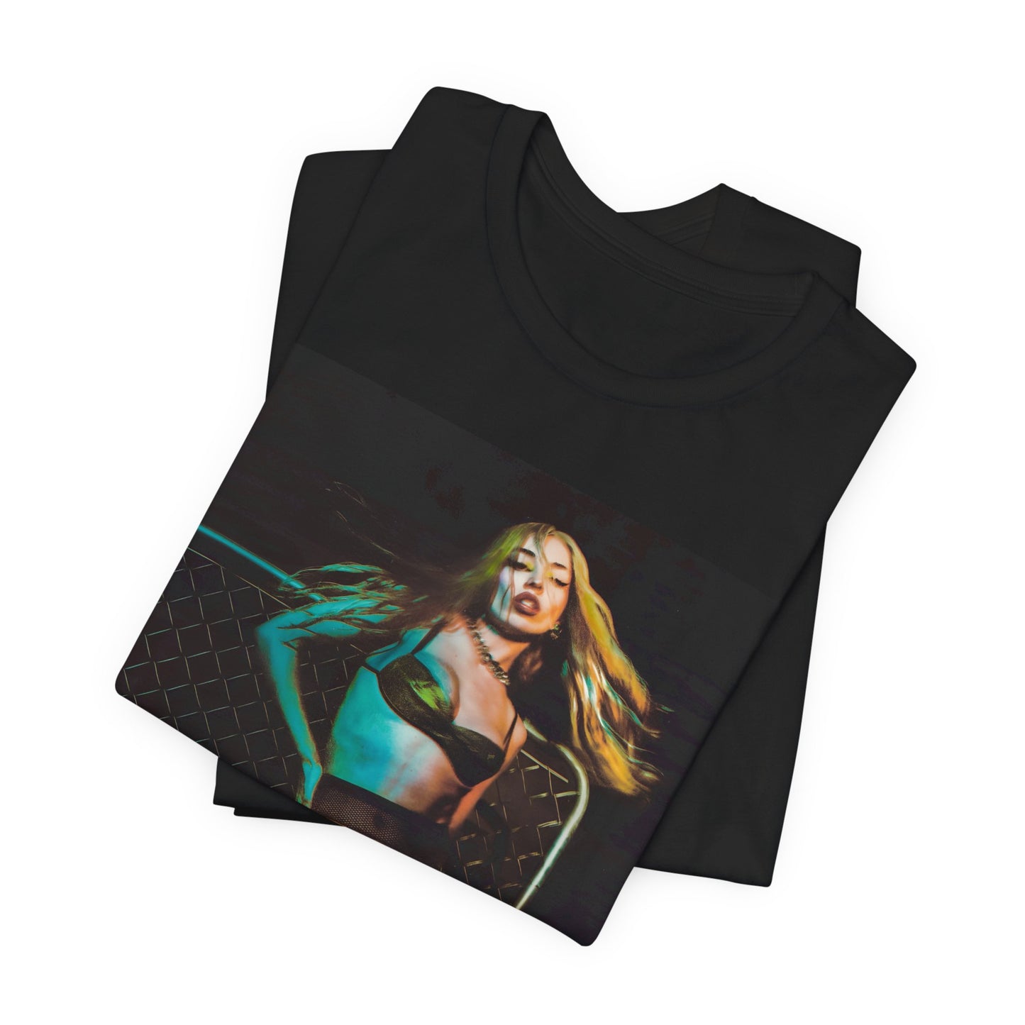 A black graphic t-shirt featuring a neon pop art style graphic of Ava Max, with bright, glowing colors and possibly a 'Pop Queen' title.