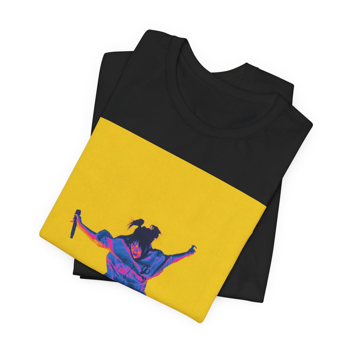 A stylized graphic of Billie Eilish jumping in the air with a microphone, rendered with psychedelic thermal colors against a solid yellow background.