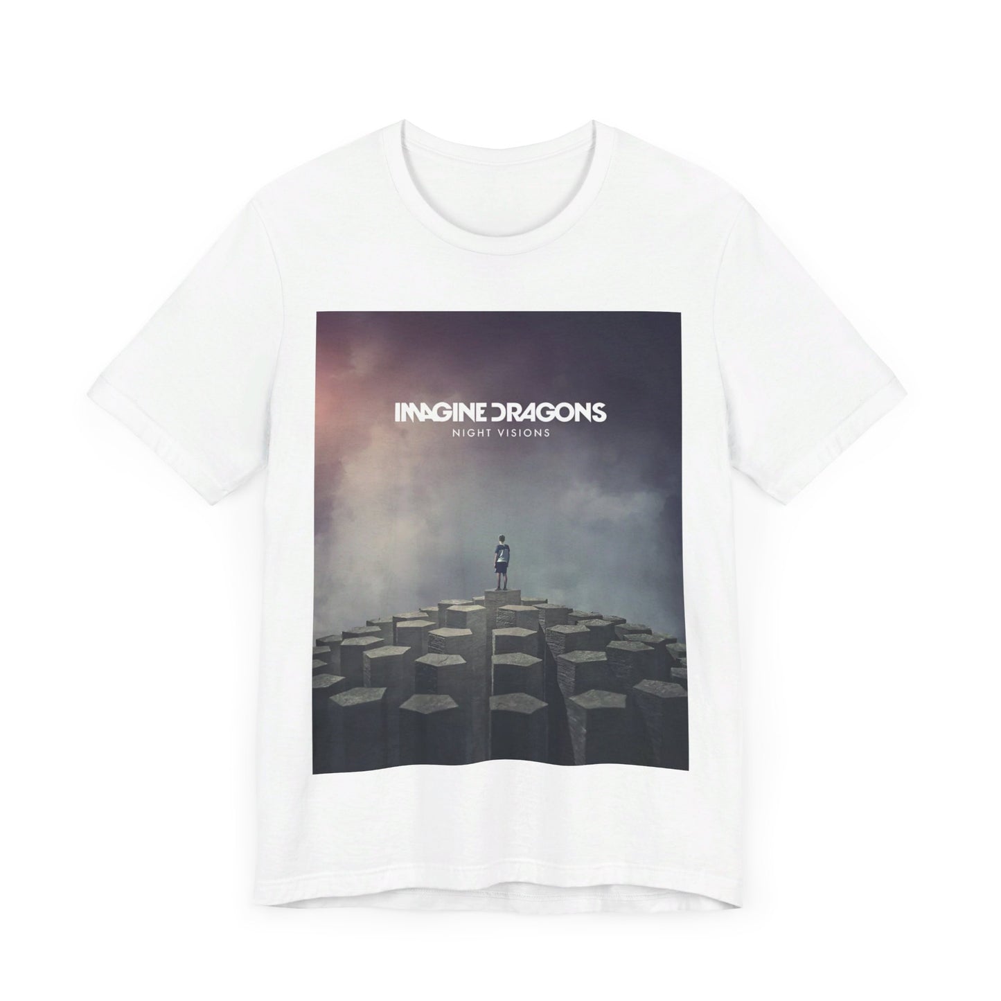 A black graphic t-shirt featuring a graphic related to Imagine Dragons' 'Night Visions' album.