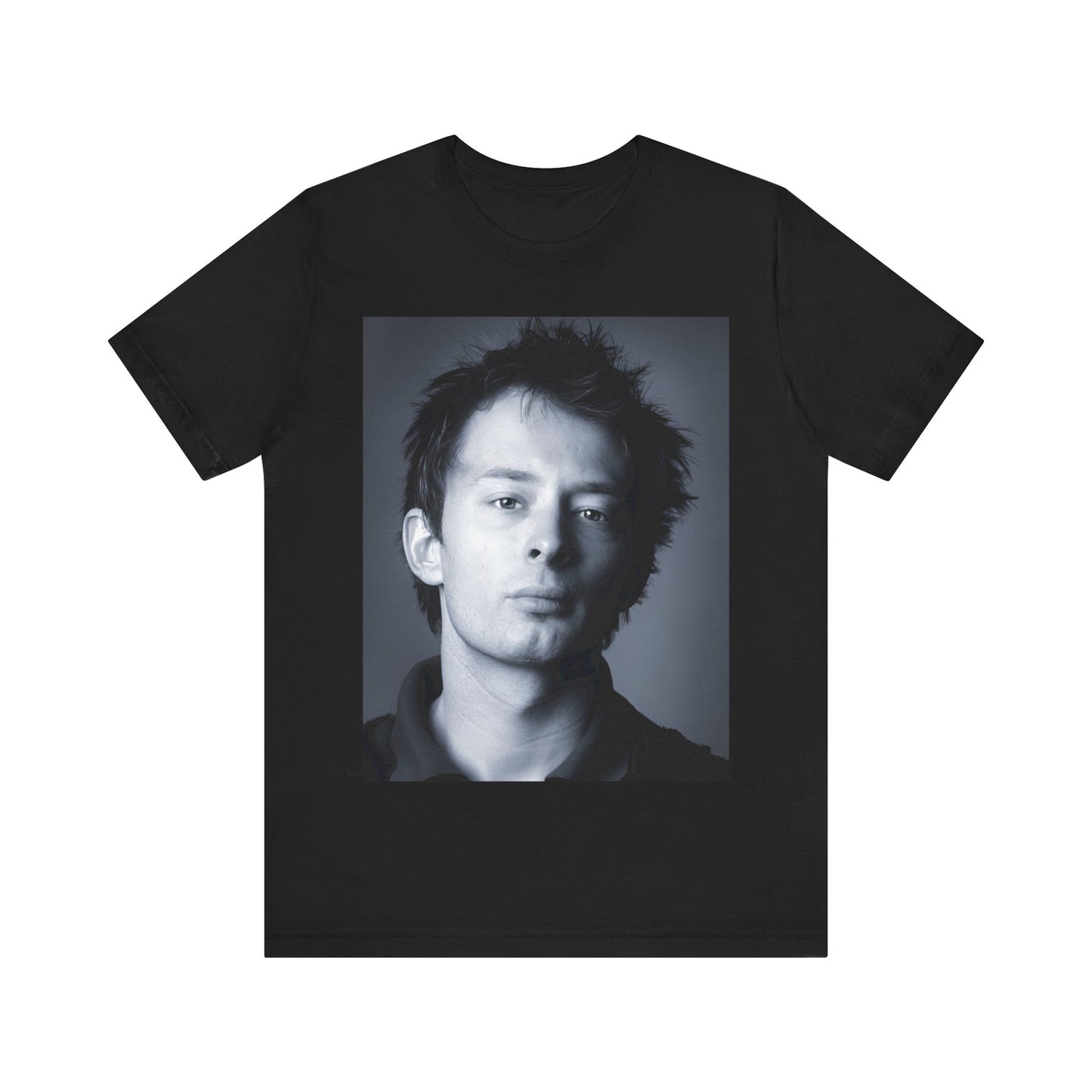 A black graphic t-shirt featuring an enigmatic graphic of Thom Yorke from Radiohead as a frontman.