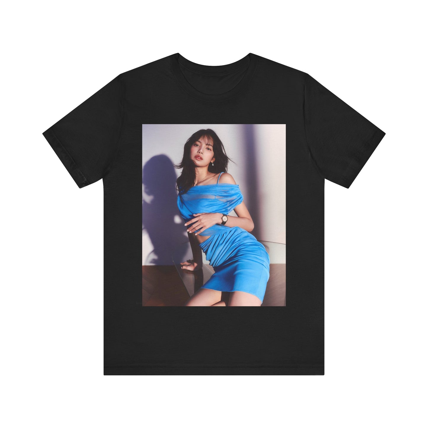A black graphic t-shirt featuring a bold K-Pop superstar graphic of Lisa.