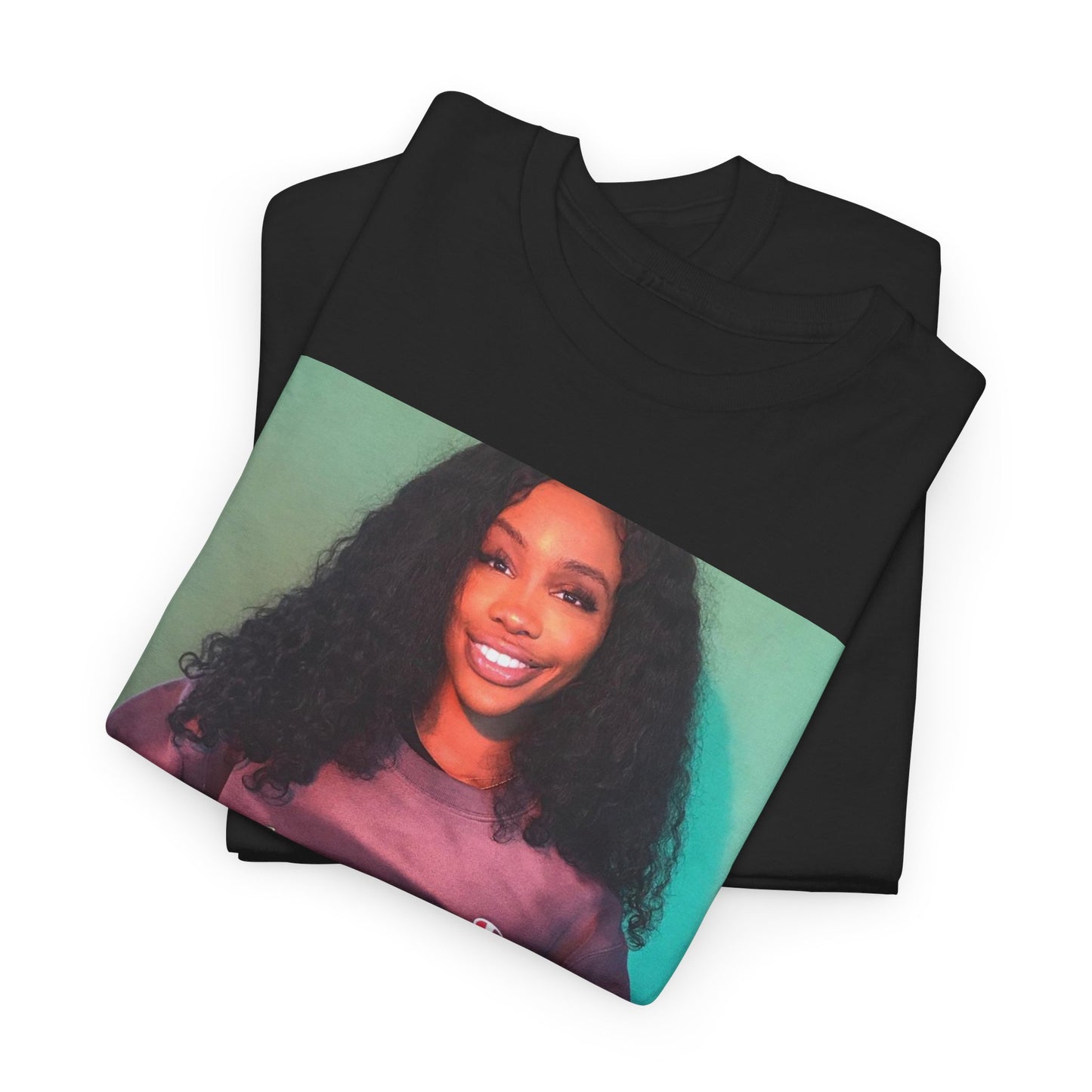 A black graphic t-shirt featuring a graphic of SZA with a feel-good R&B vibe.