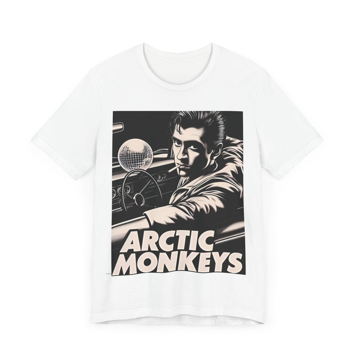 A black graphic t-shirt featuring a graphic of Arctic Monkeys from the 2000s, evoking an indie rock aesthetic.