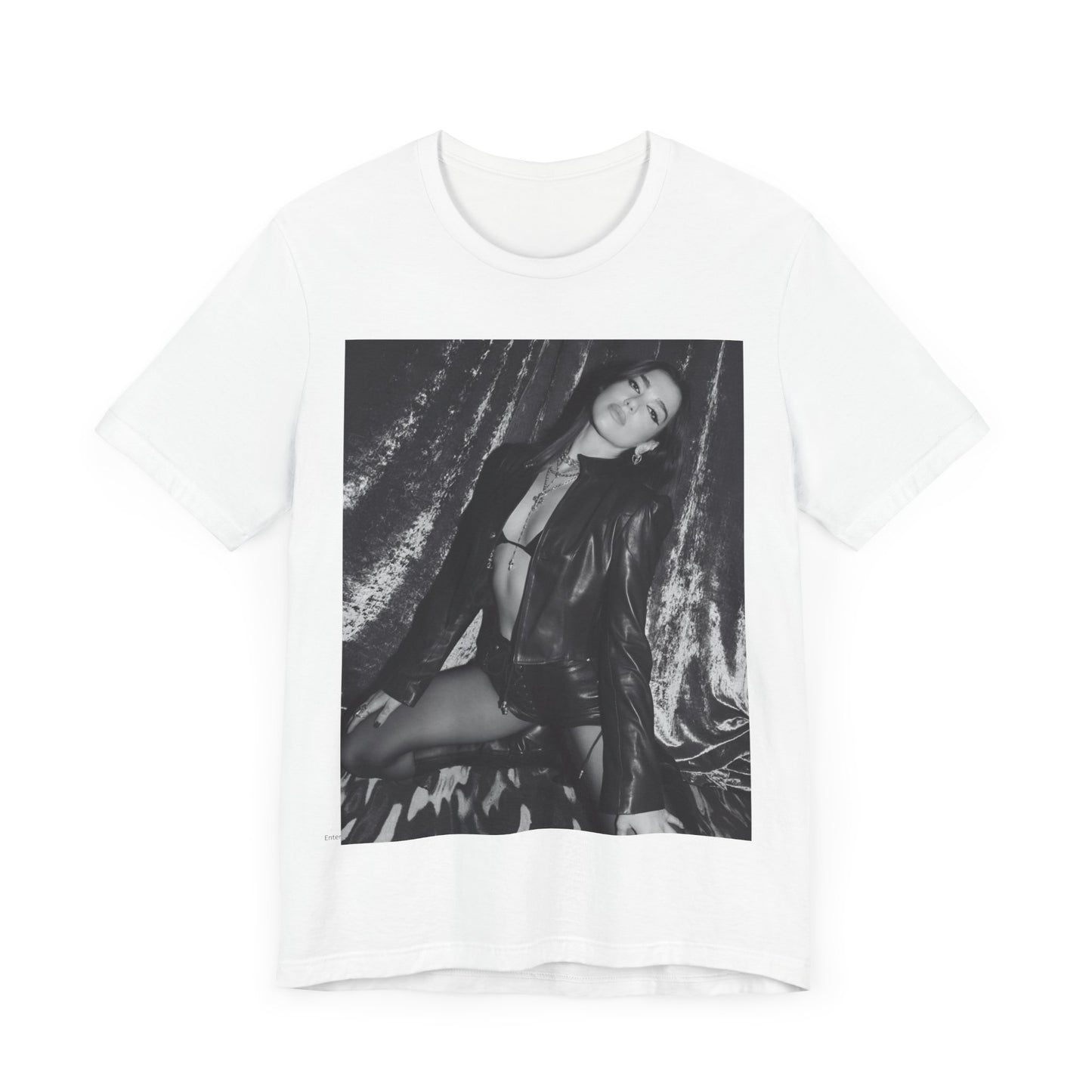 A black graphic t-shirt featuring a black and white portrait photo of Dua Lipa.